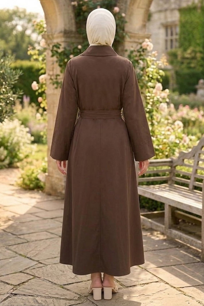 Düğmeli Kemerli Elbise Kahve - 28535-KAHVE - 4