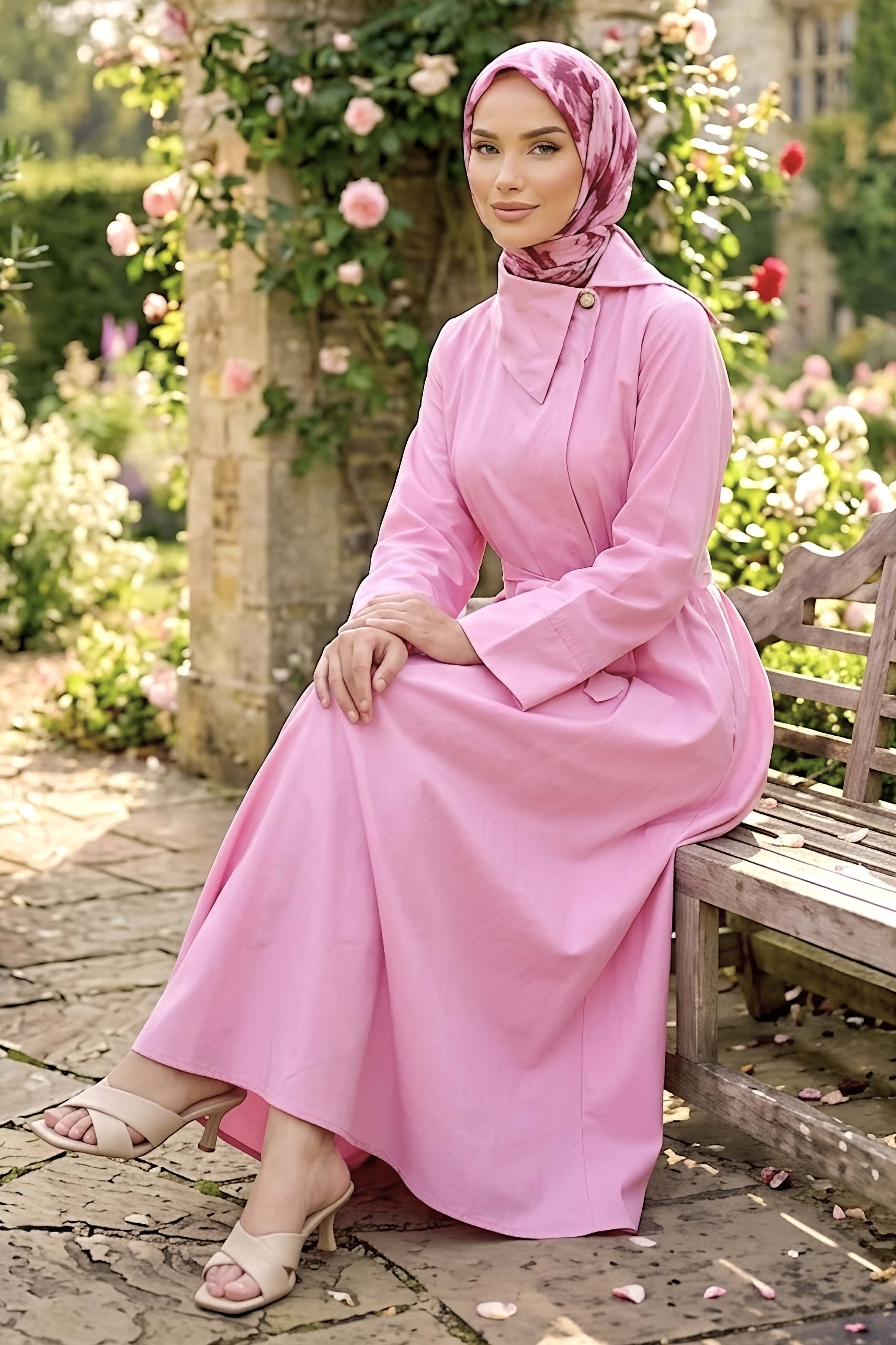 Düğmeli Kemerli Elbise Pembe - 28535-PEMBE - 1