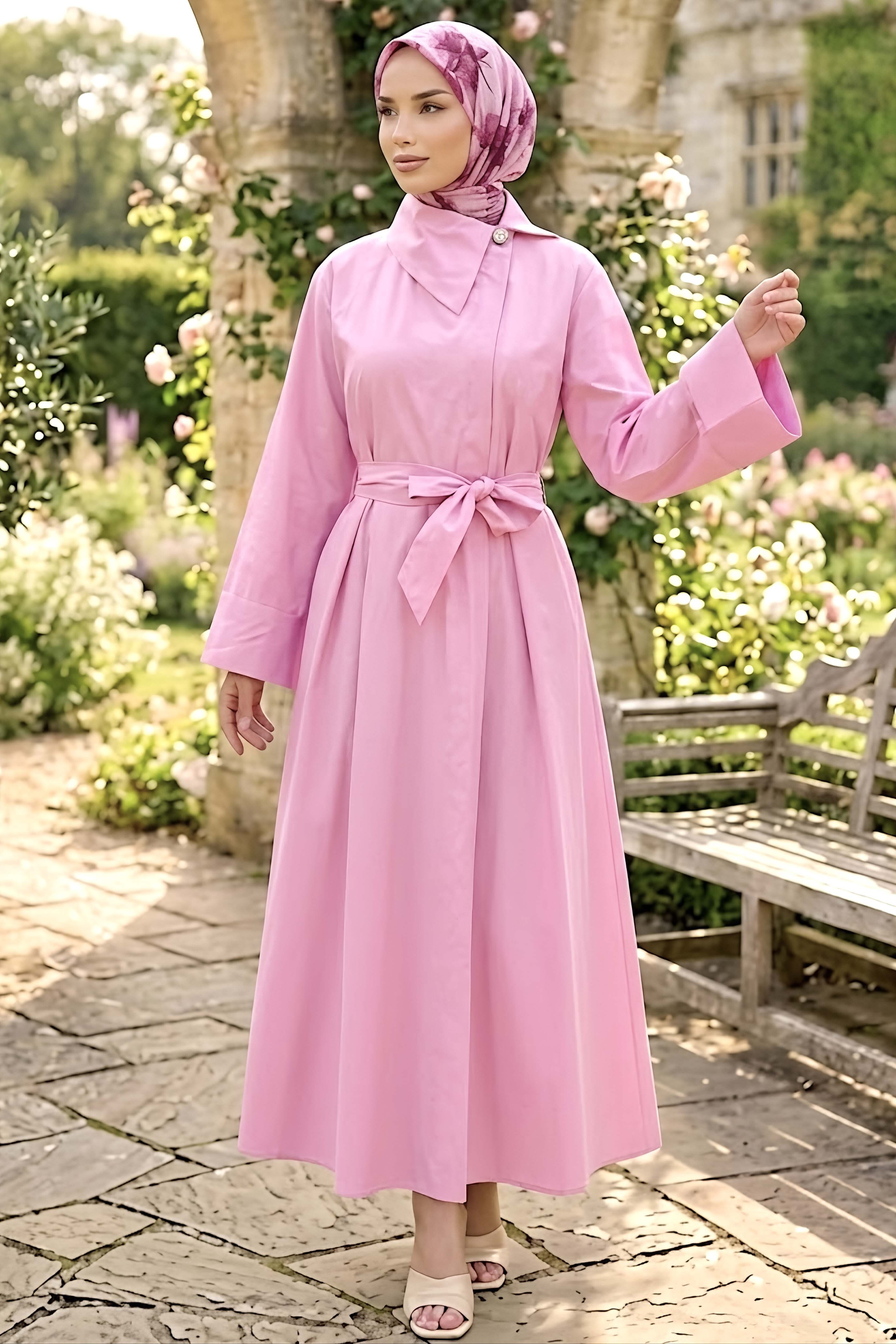 Düğmeli Kemerli Elbise Pembe - 28535-PEMBE - 2