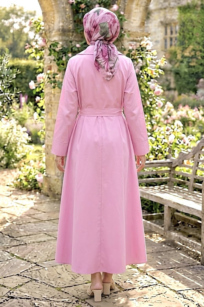 Düğmeli Kemerli Elbise Pembe - 28535-PEMBE - 3