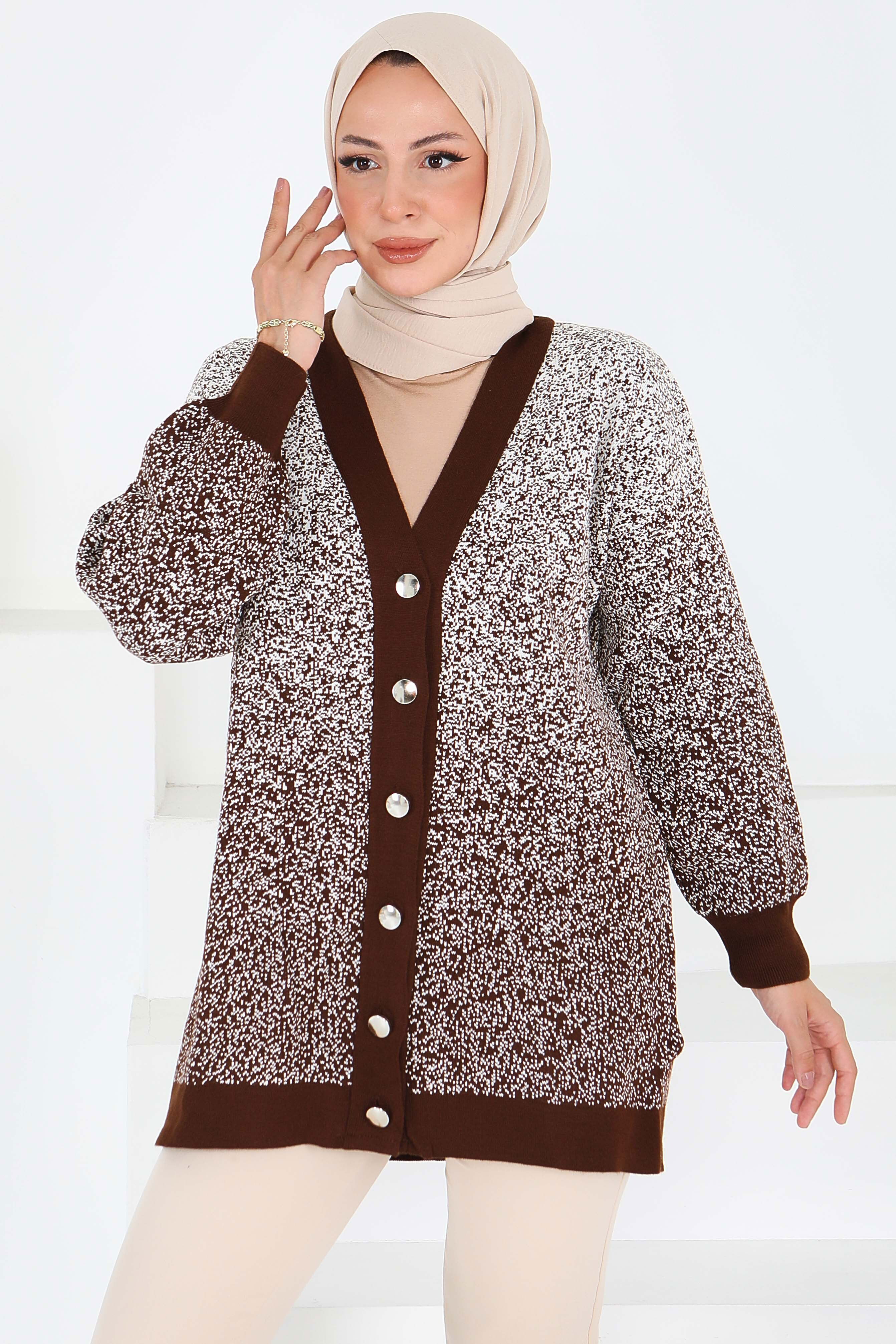 Düğmeli Kırçıllı Triko Hırka - 27708-KAHVE - 1