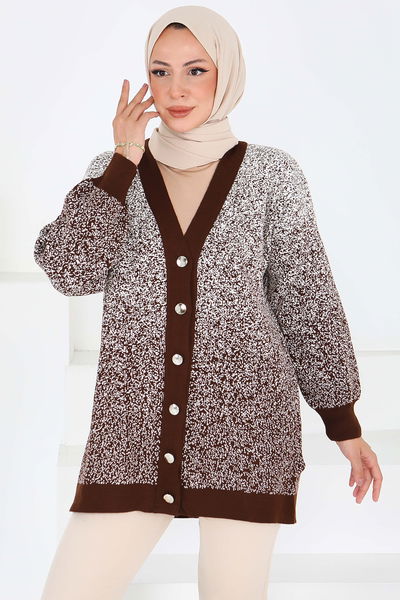 Düğmeli Kırçıllı Triko Hırka - 27708-KAHVE 