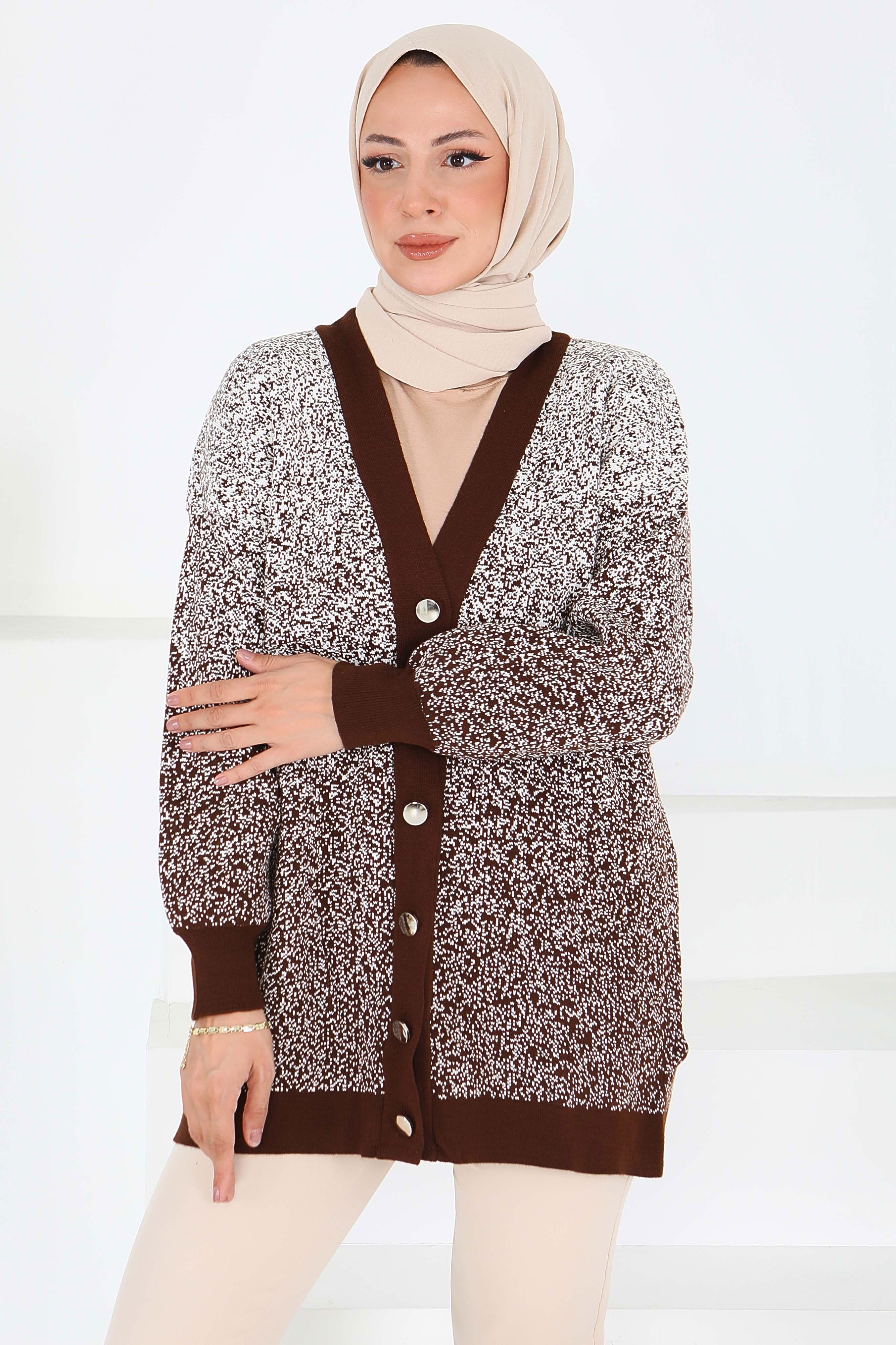 Düğmeli Kırçıllı Triko Hırka - 27708-KAHVE - 2