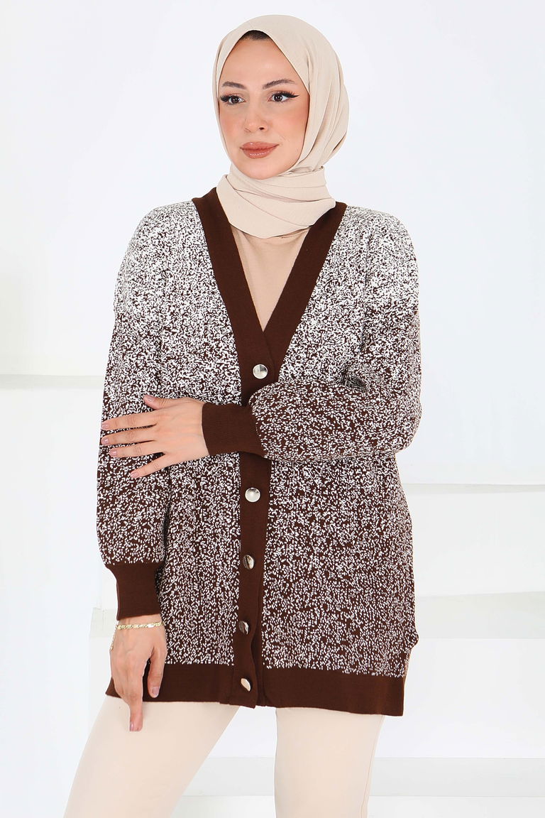 Düğmeli Kırçıllı Triko Hırka - 27708-KAHVE - TOFİSA