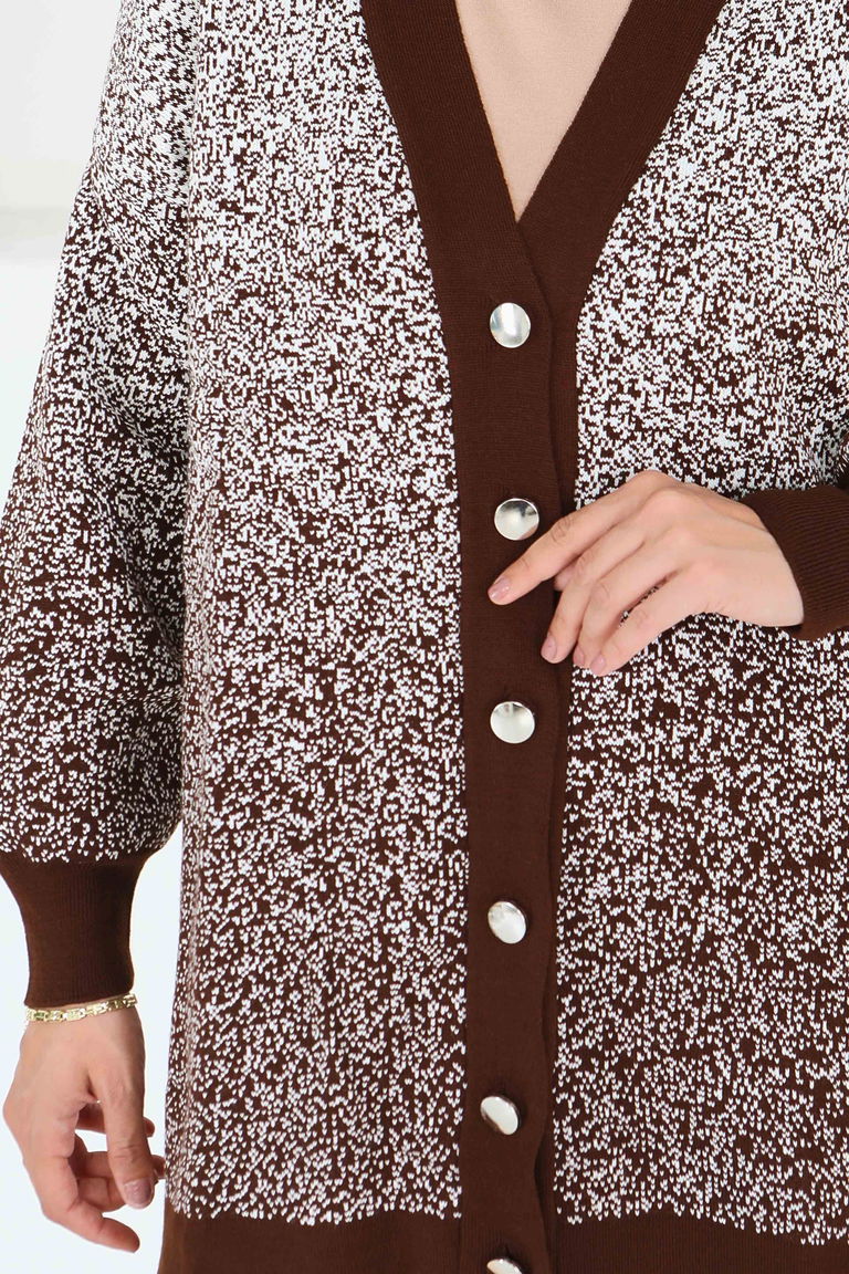 Düğmeli Kırçıllı Triko Hırka - 27708-KAHVE - TOFİSA