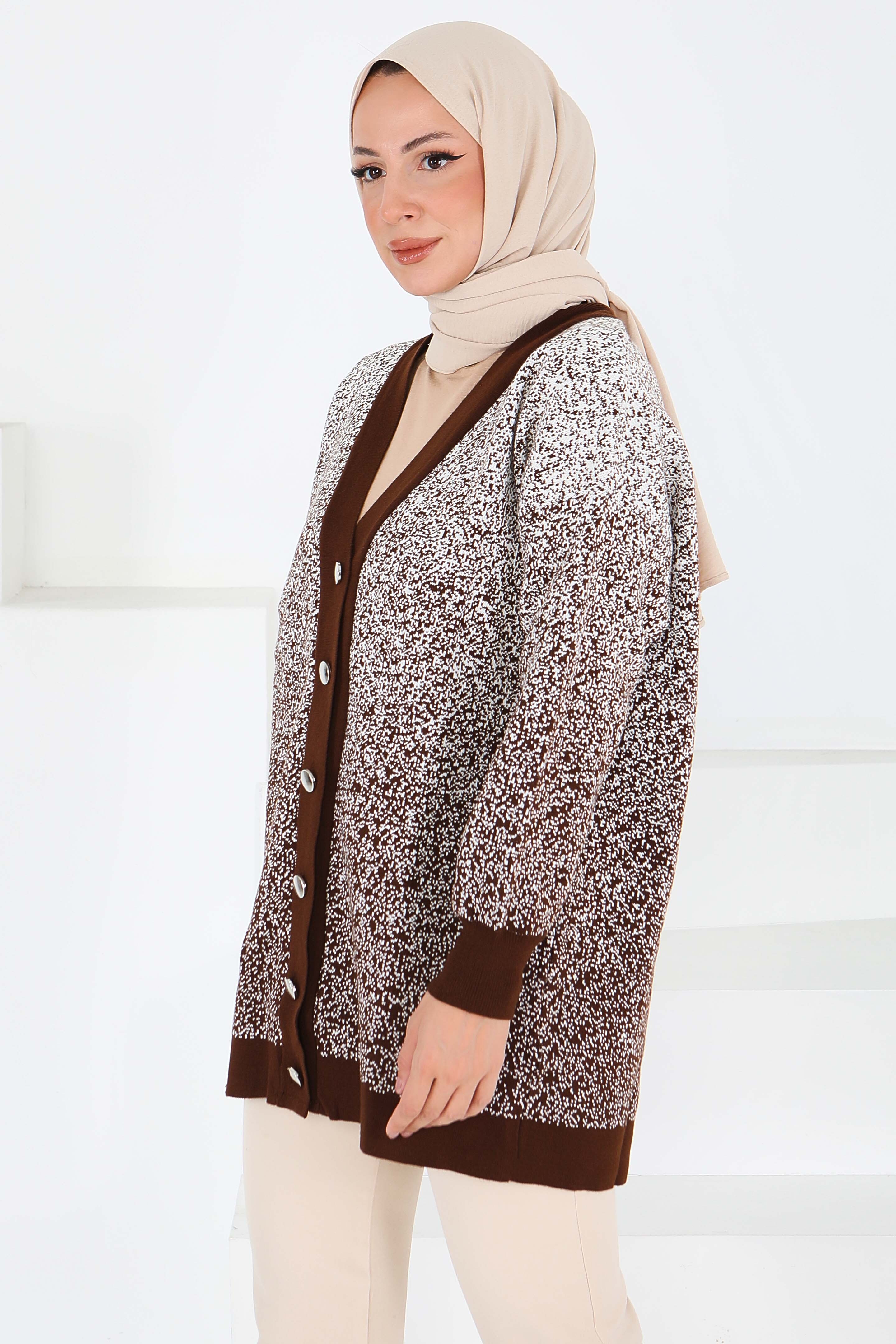 Düğmeli Kırçıllı Triko Hırka - 27708-KAHVE - 4