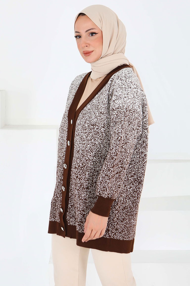 Düğmeli Kırçıllı Triko Hırka - 27708-KAHVE - TOFİSA