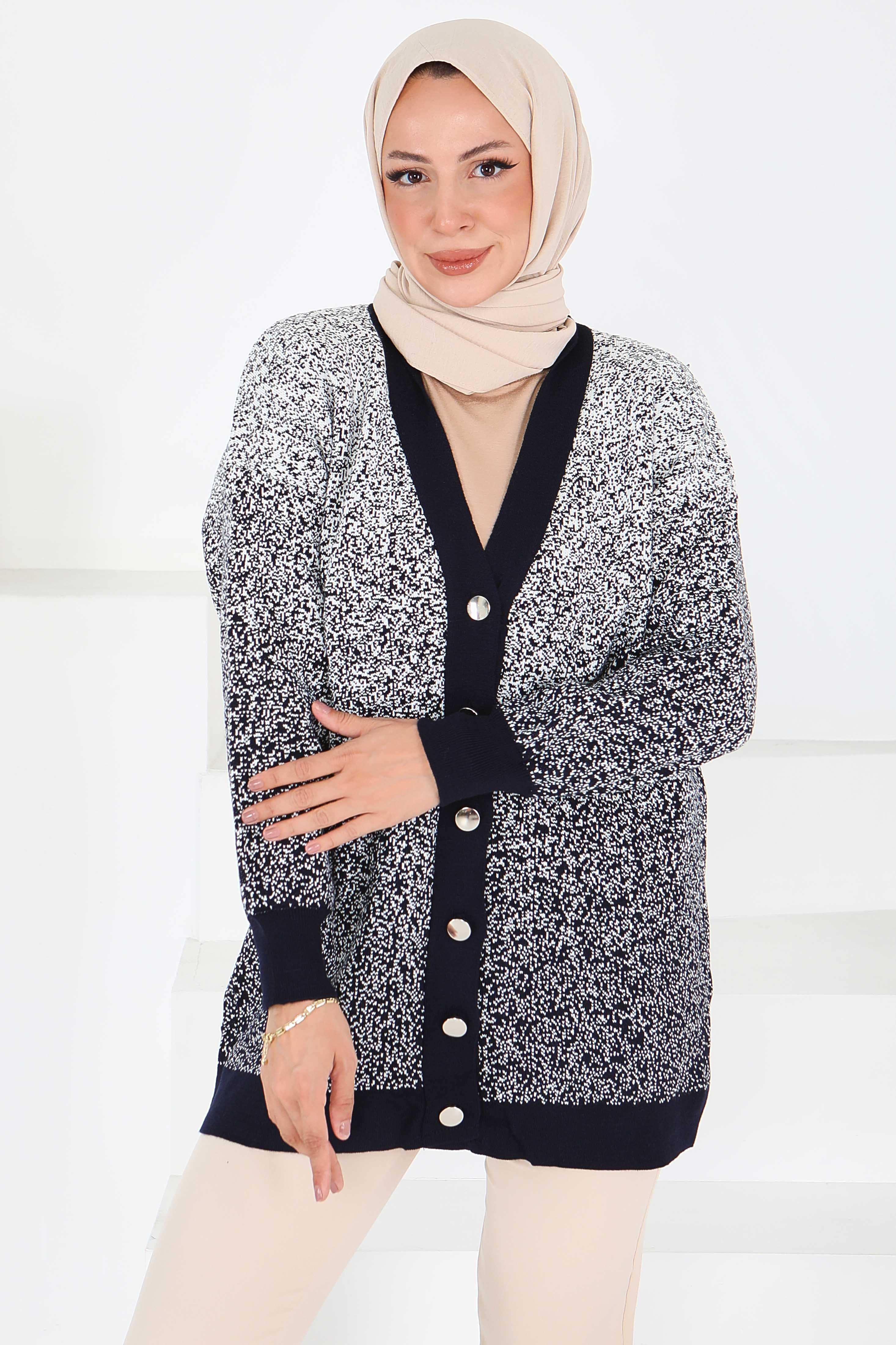 Düğmeli Kırçıllı Triko Hırka - 27708-LACIVERT - 1