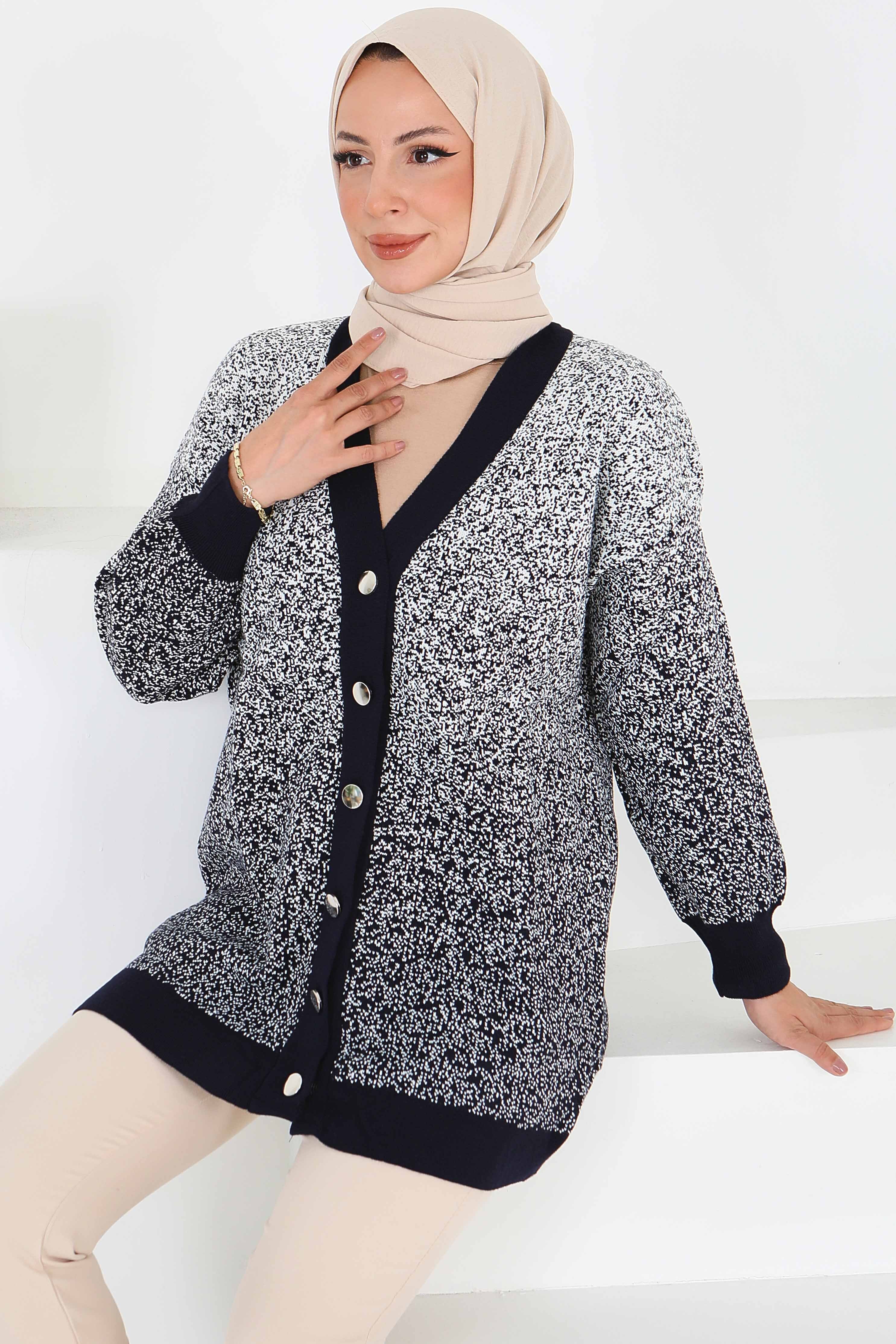 Düğmeli Kırçıllı Triko Hırka - 27708-LACIVERT - 2