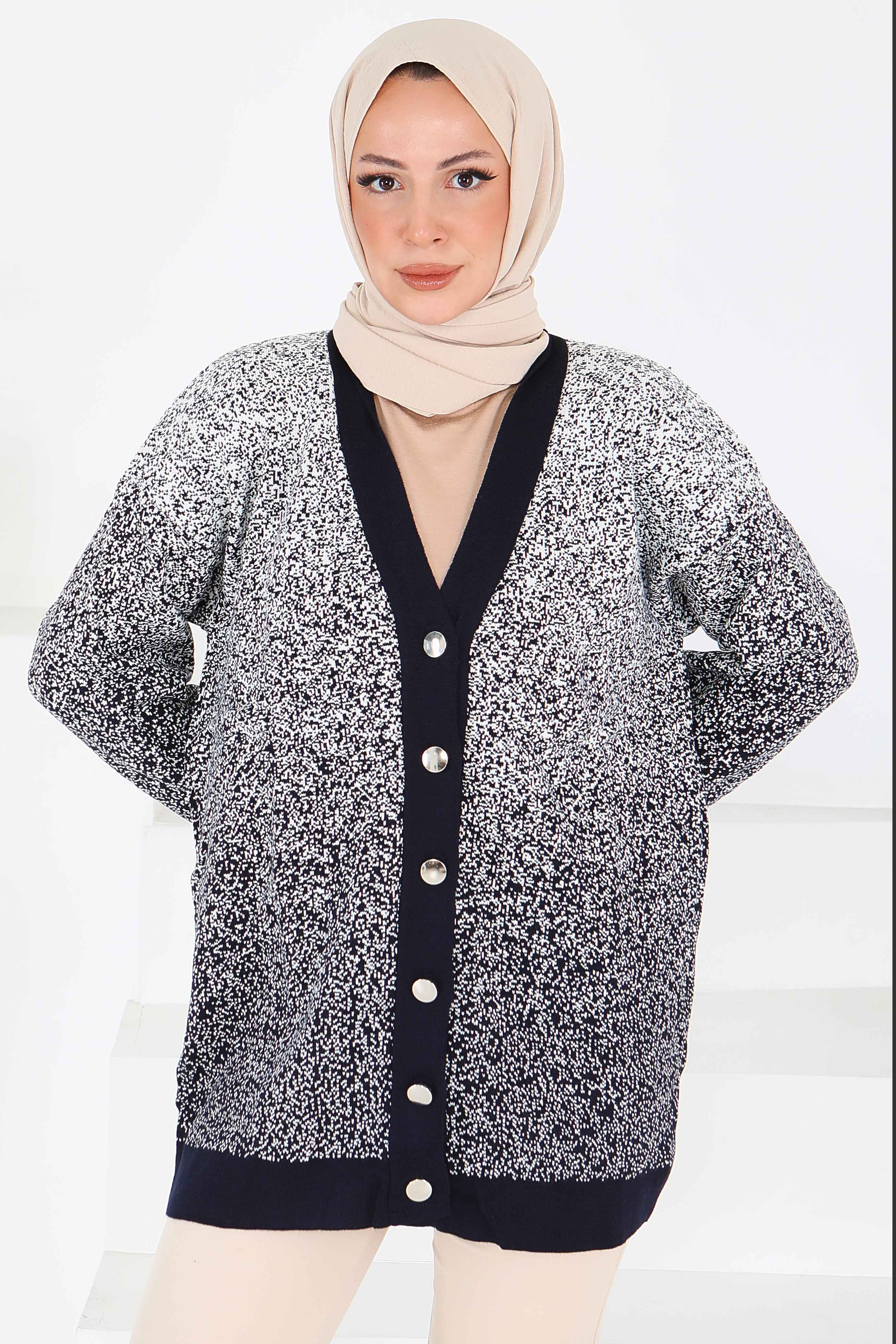 Düğmeli Kırçıllı Triko Hırka - 27708-LACIVERT - 3