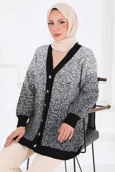 Düğmeli Kırçıllı Triko Hırka - 27708-SIYAH 