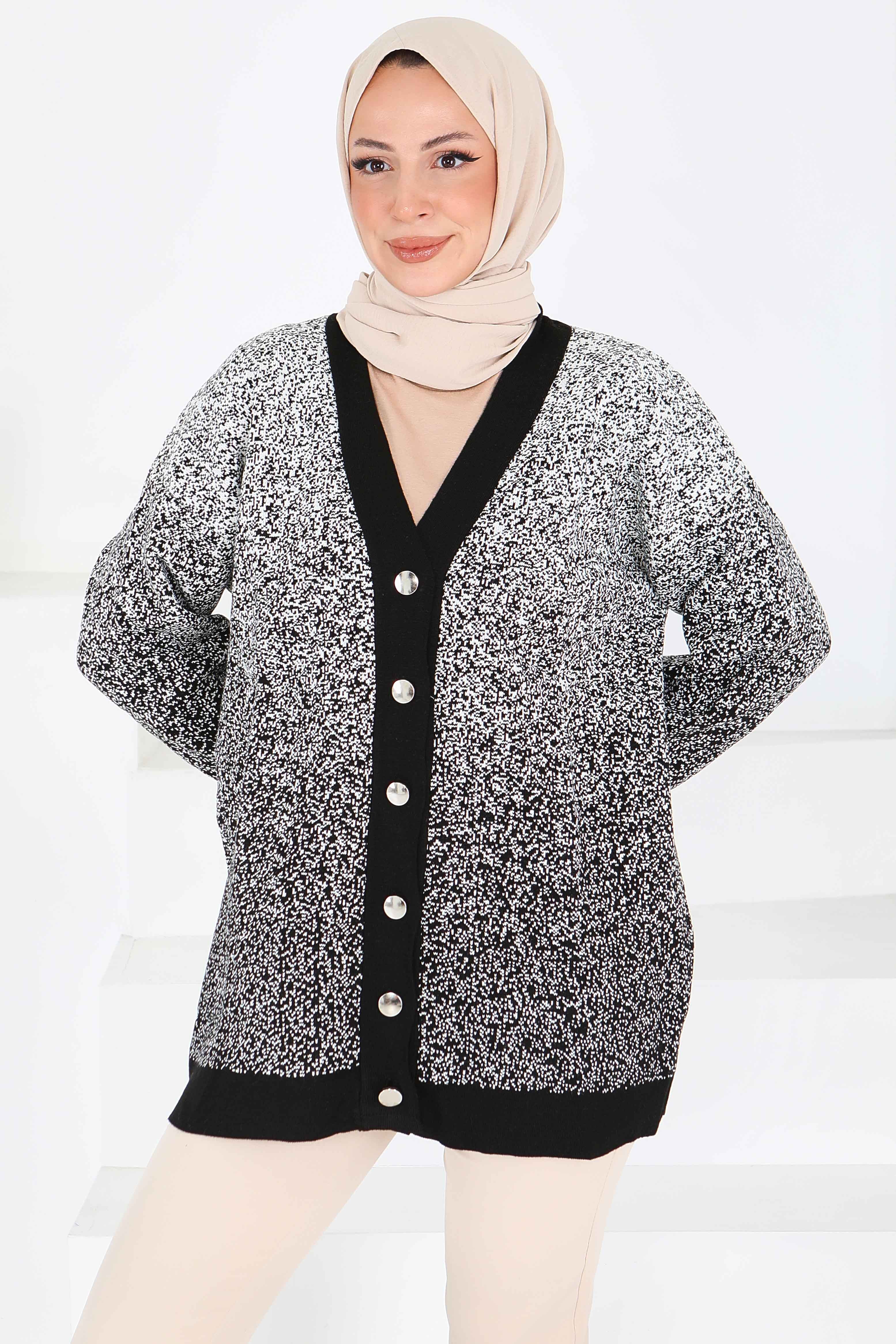Düğmeli Kırçıllı Triko Hırka - 27708-SIYAH - 2