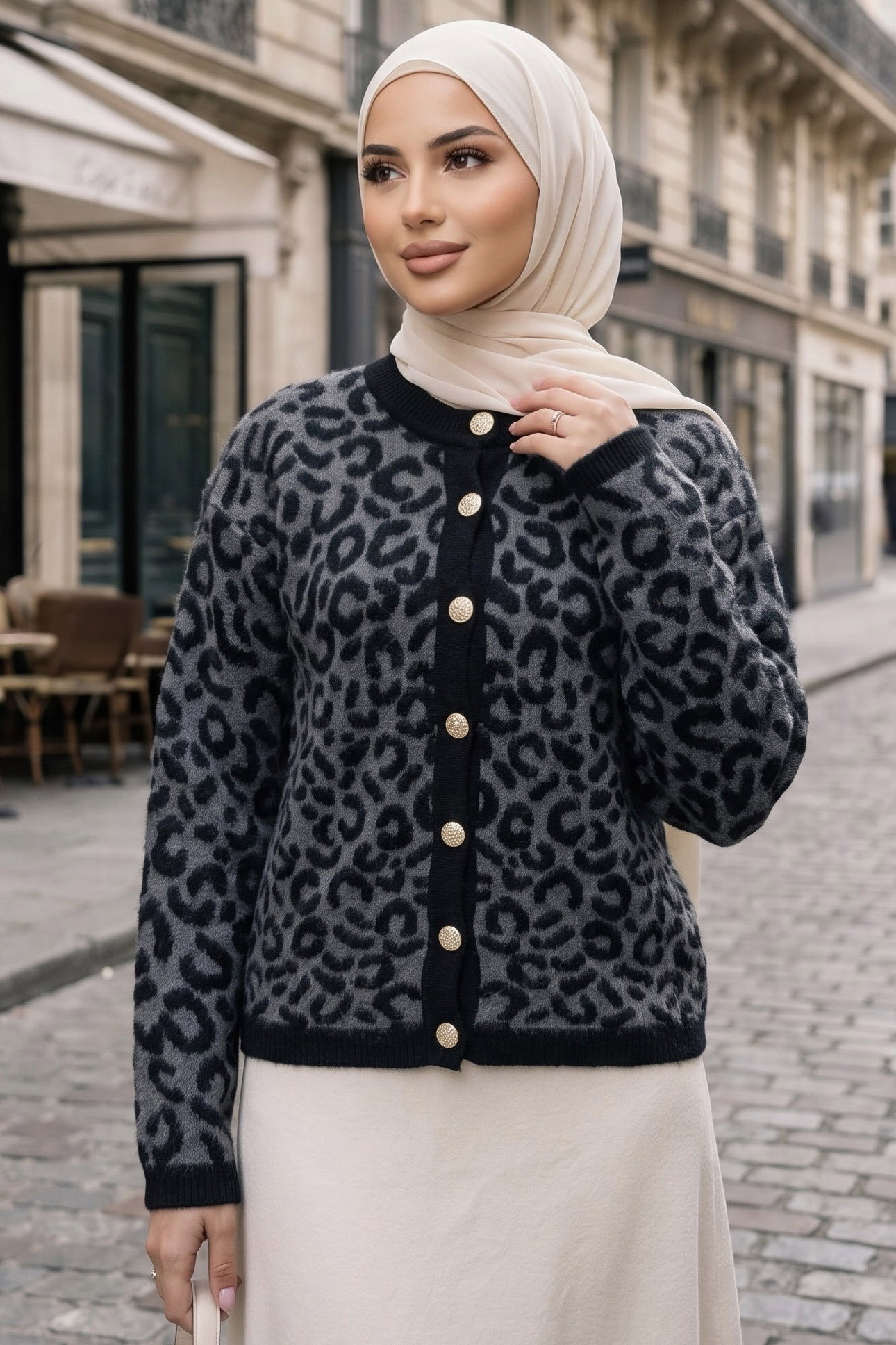 Düğmeli Leopar Desenli Triko Hırka Antrasit - 29263-ANTRASIT - 1