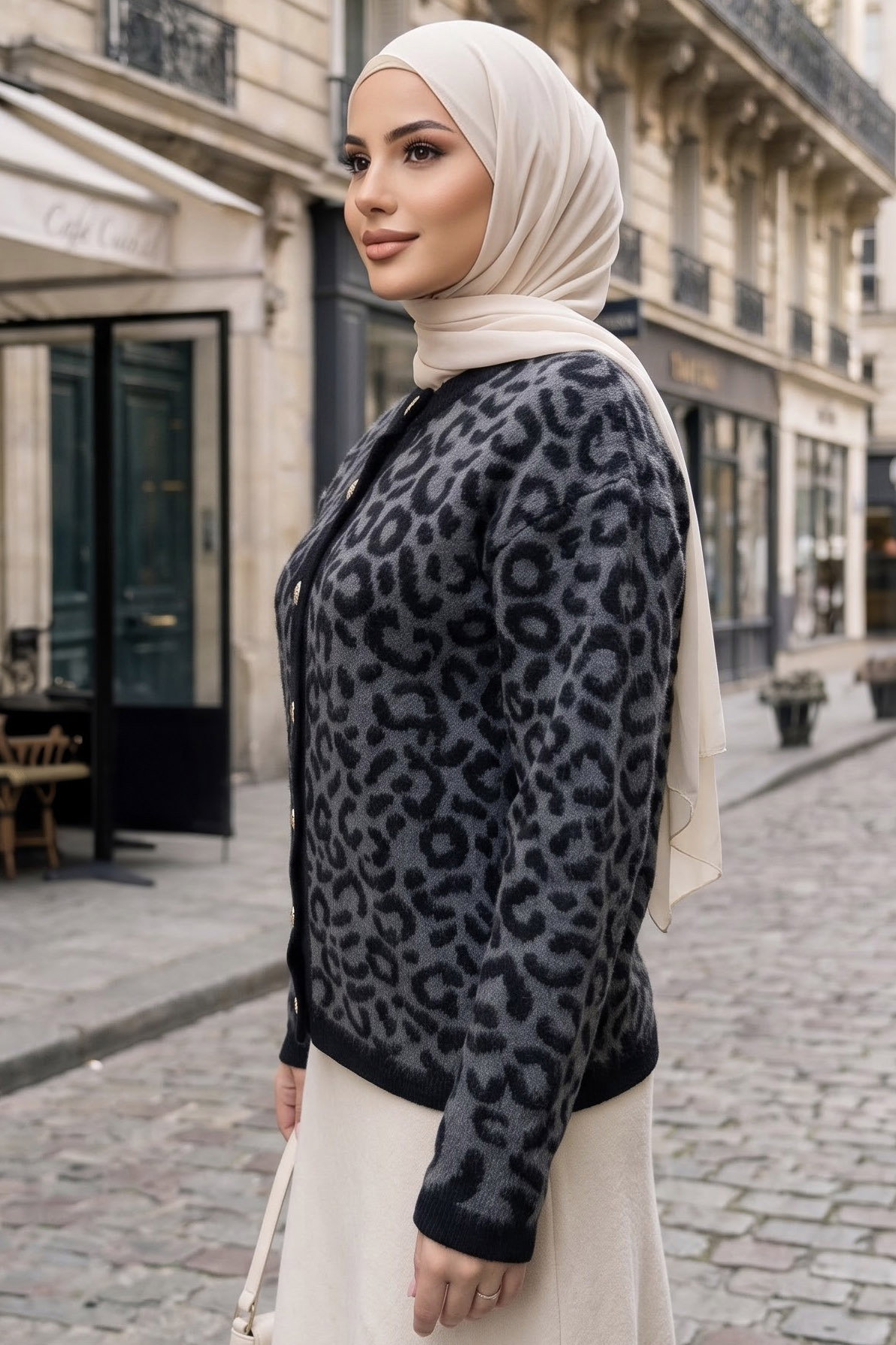Düğmeli Leopar Desenli Triko Hırka Antrasit - 29263-ANTRASIT - 2
