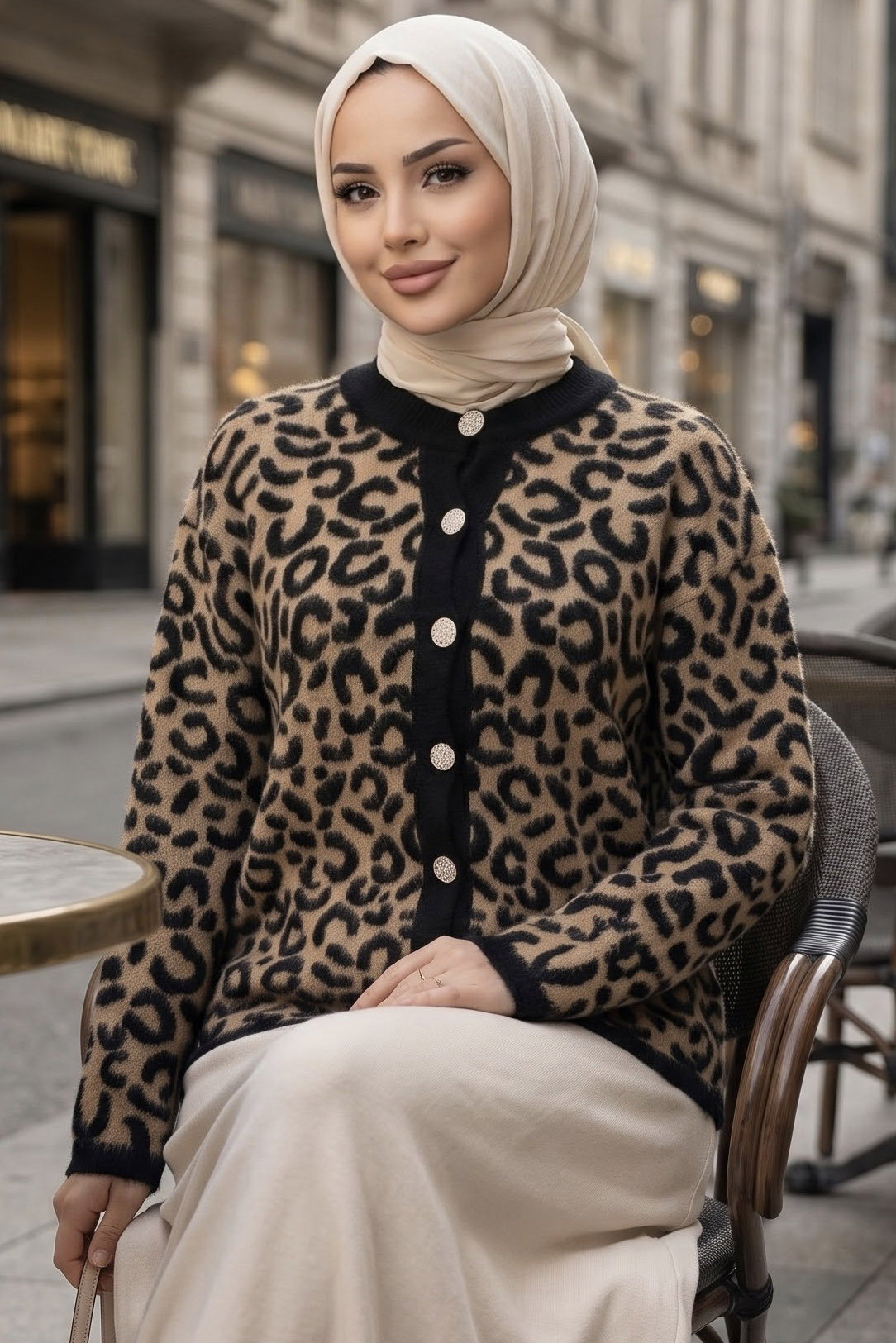 Düğmeli Leopar Desenli Triko Hırka Vizon - 29263-VIZON - 1