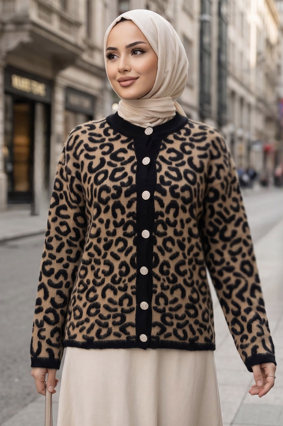 Düğmeli Leopar Desenli Triko Hırka Vizon - 29263-VIZON - 2