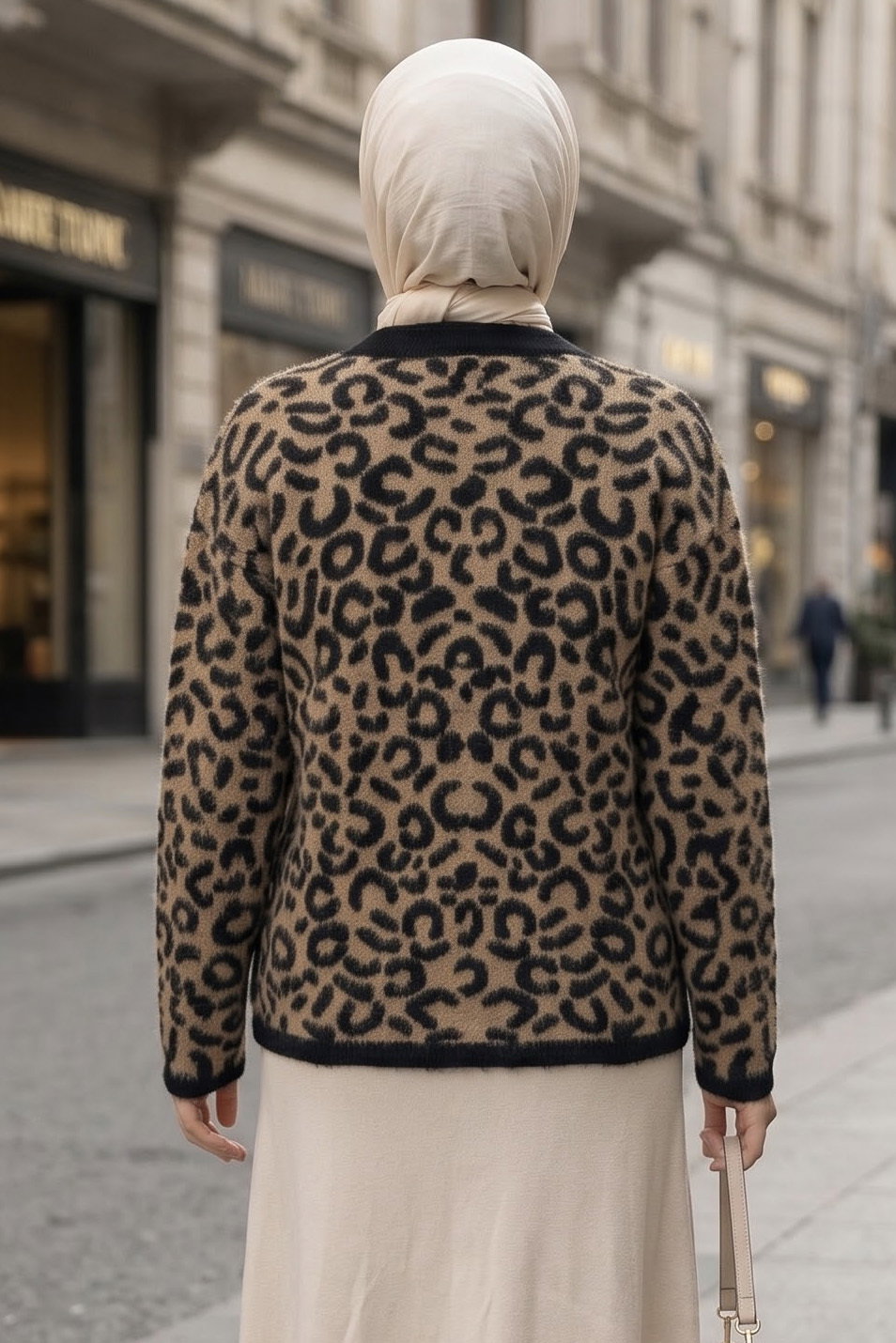 Düğmeli Leopar Desenli Triko Hırka Vizon - 29263-VIZON - 3