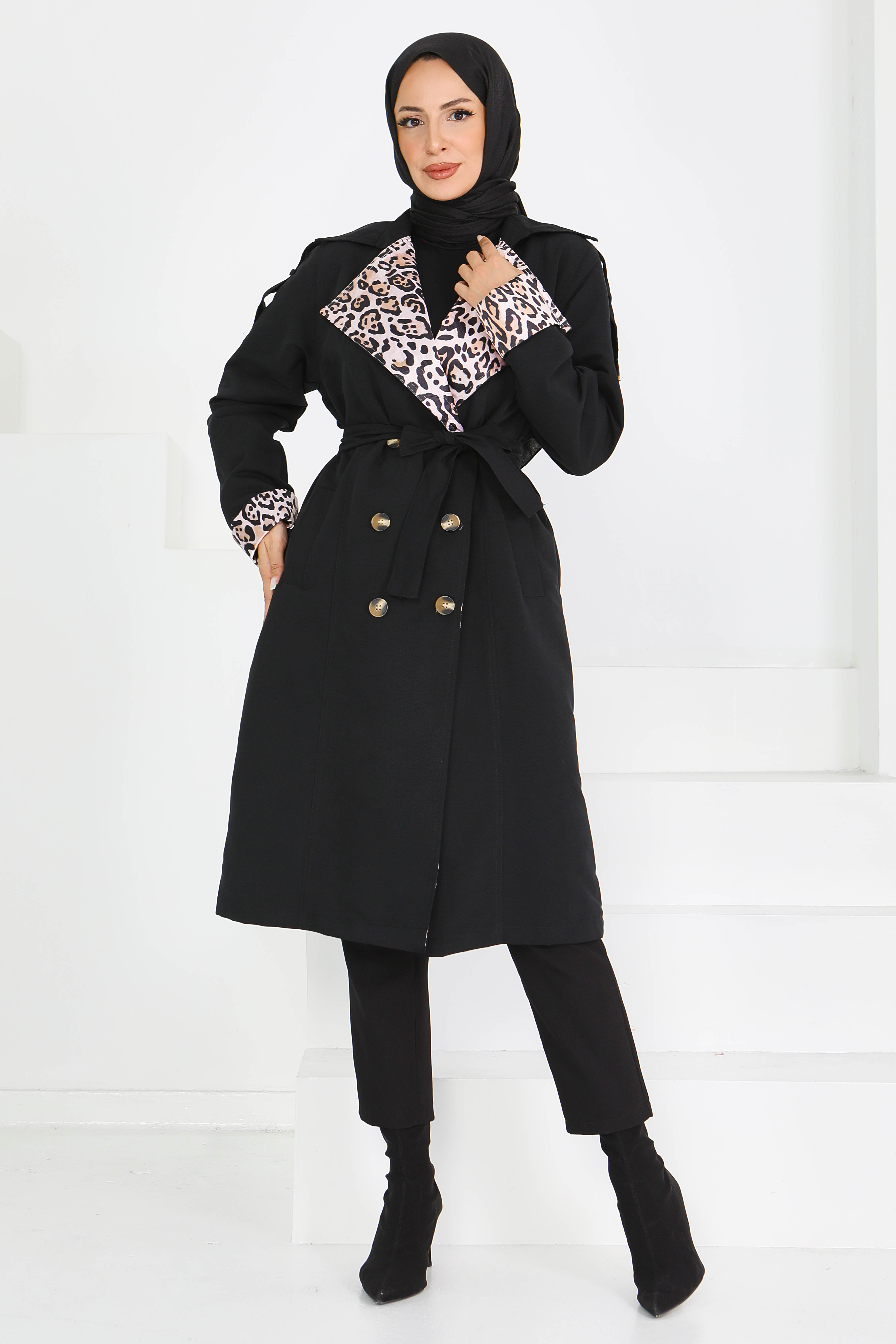 Düğmeli Leopar Detaylı Trençkot - 27602 - 3