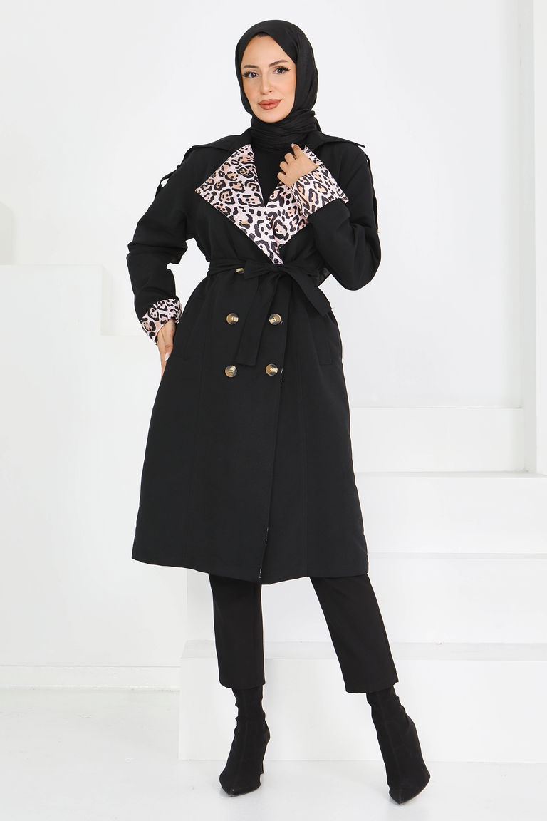 Düğmeli Leopar Detaylı Trençkot - 27602 - TOFİSA