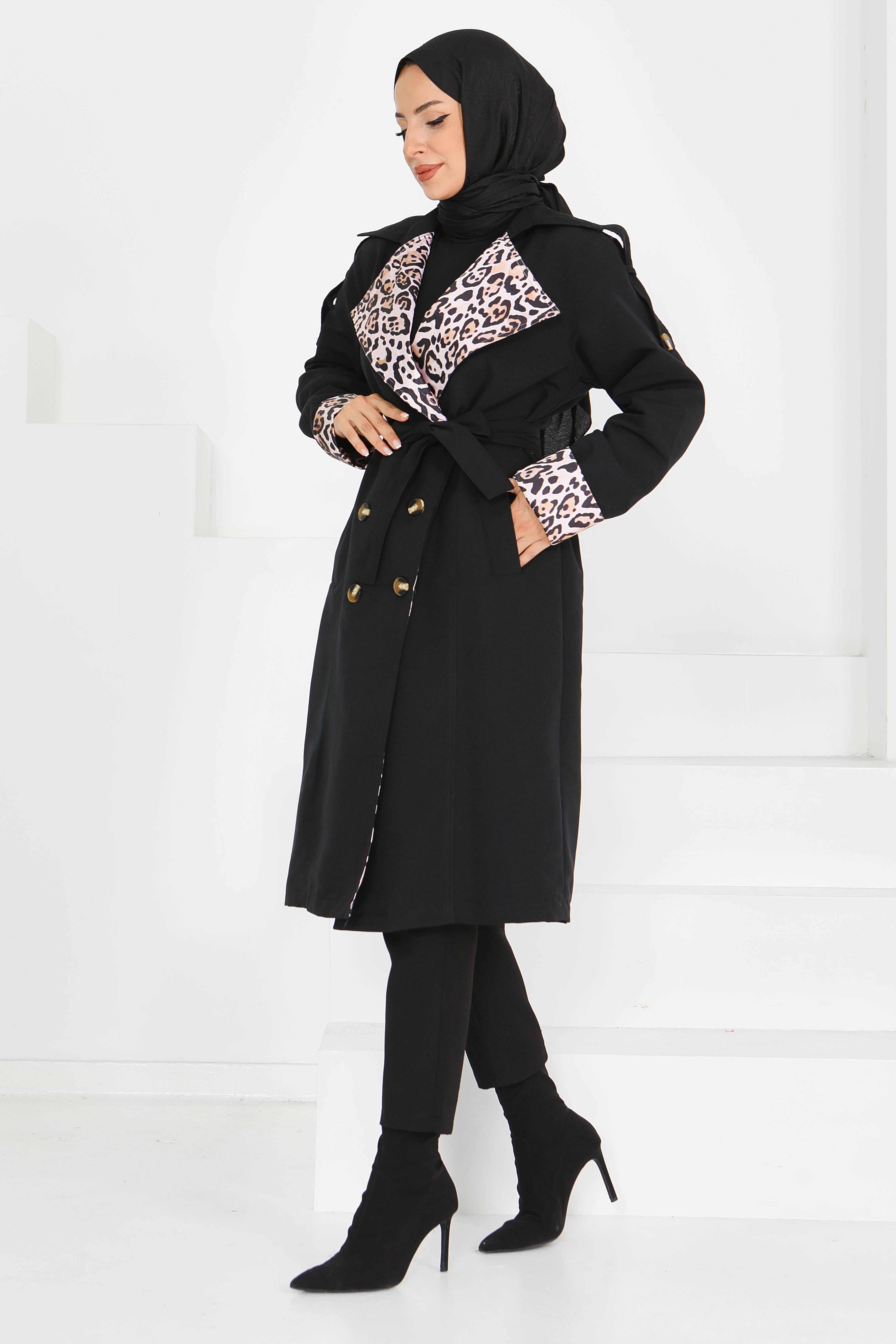Düğmeli Leopar Detaylı Trençkot - 27602 - 4