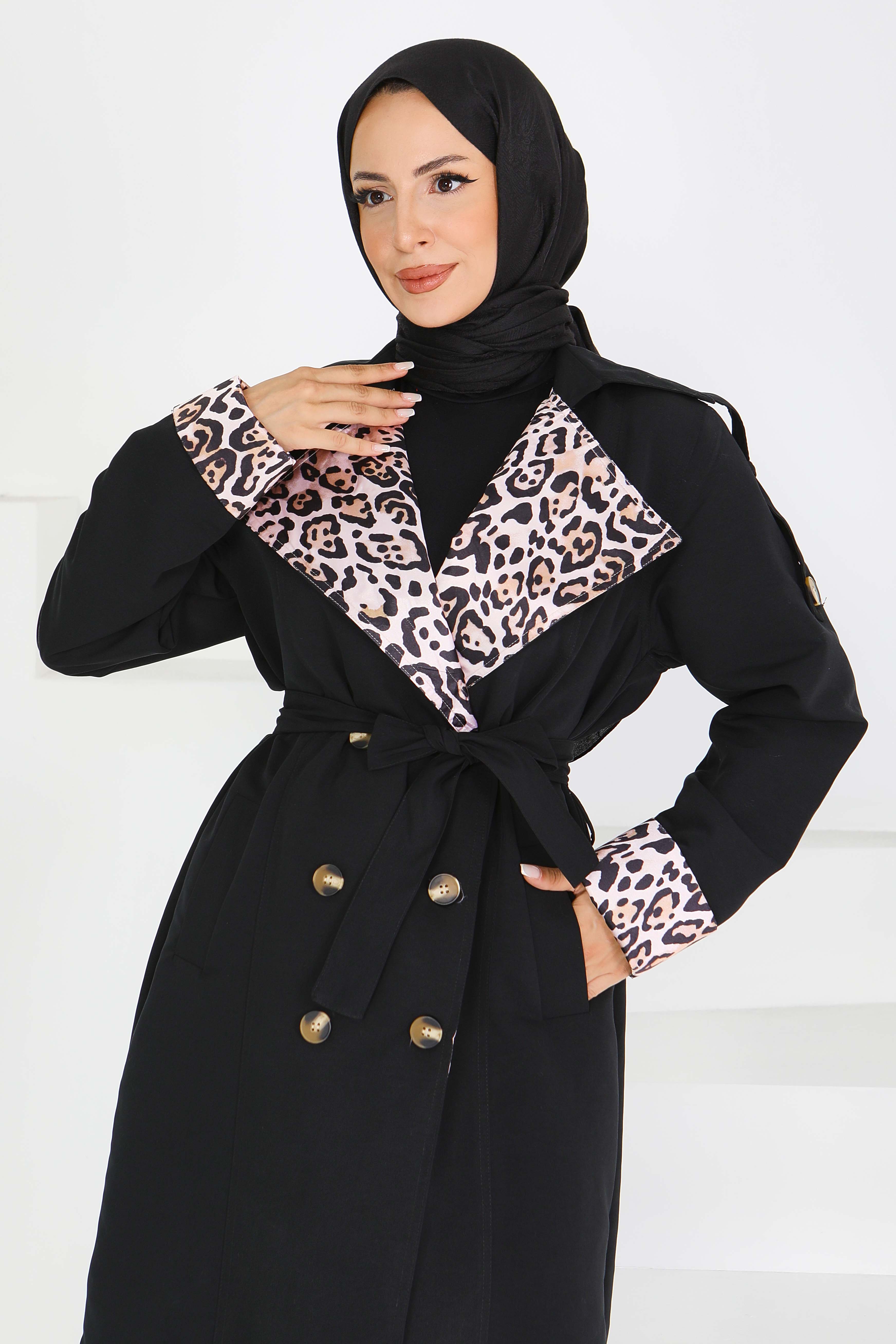 Düğmeli Leopar Detaylı Trençkot - 27602 - 5