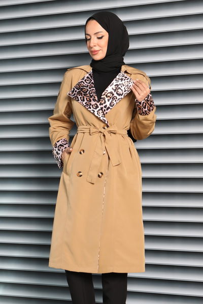 Düğmeli Leopar Detaylı Trençkot - 27602 