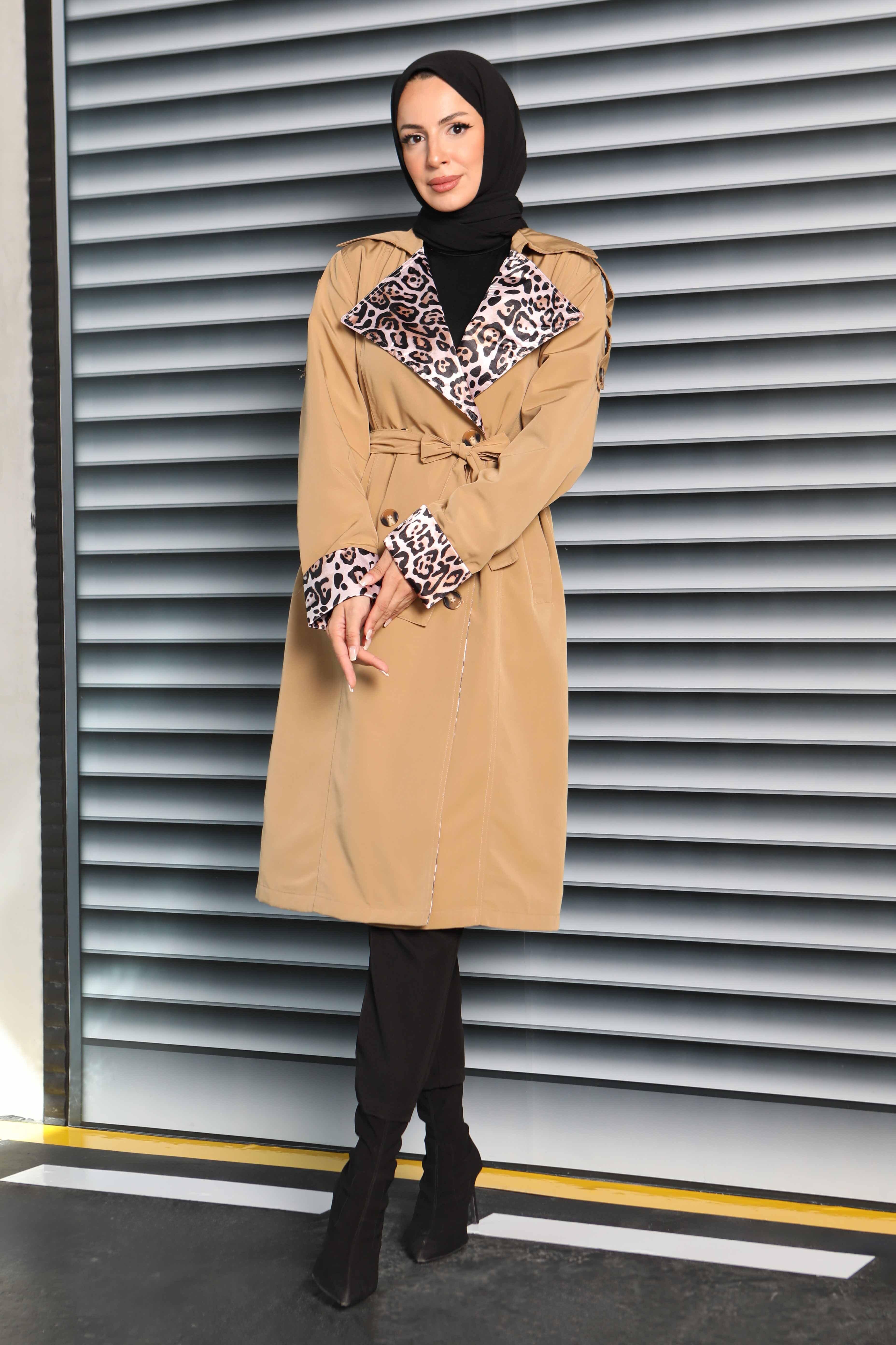 Düğmeli Leopar Detaylı Trençkot - 27602 - 2