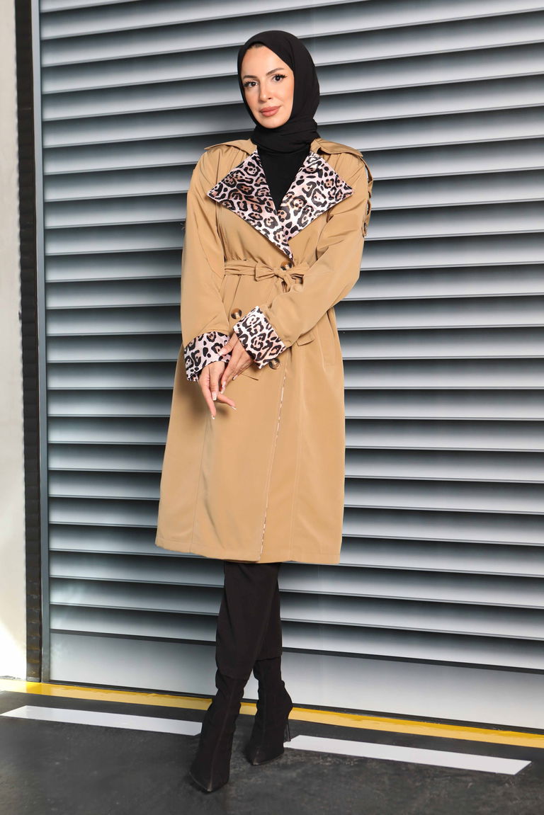 Düğmeli Leopar Detaylı Trençkot - 27602 - TOFİSA