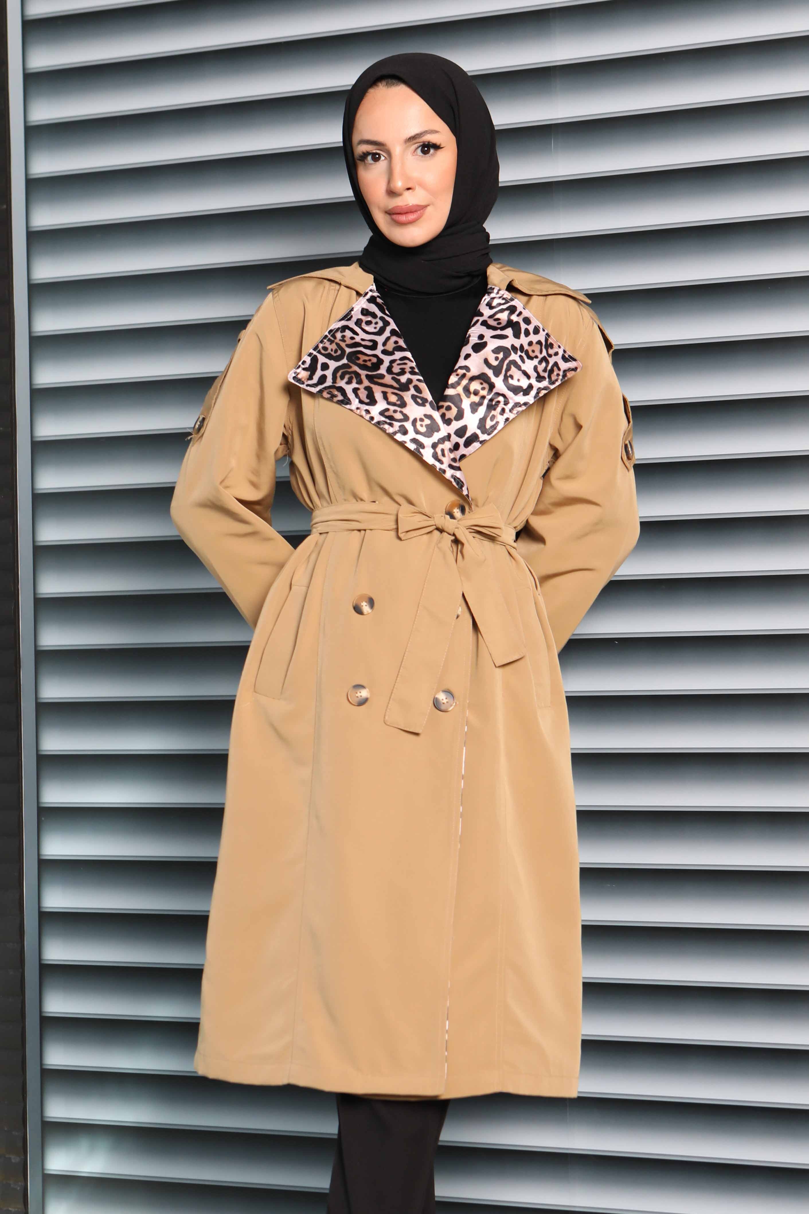 Düğmeli Leopar Detaylı Trençkot - 27602 - 3