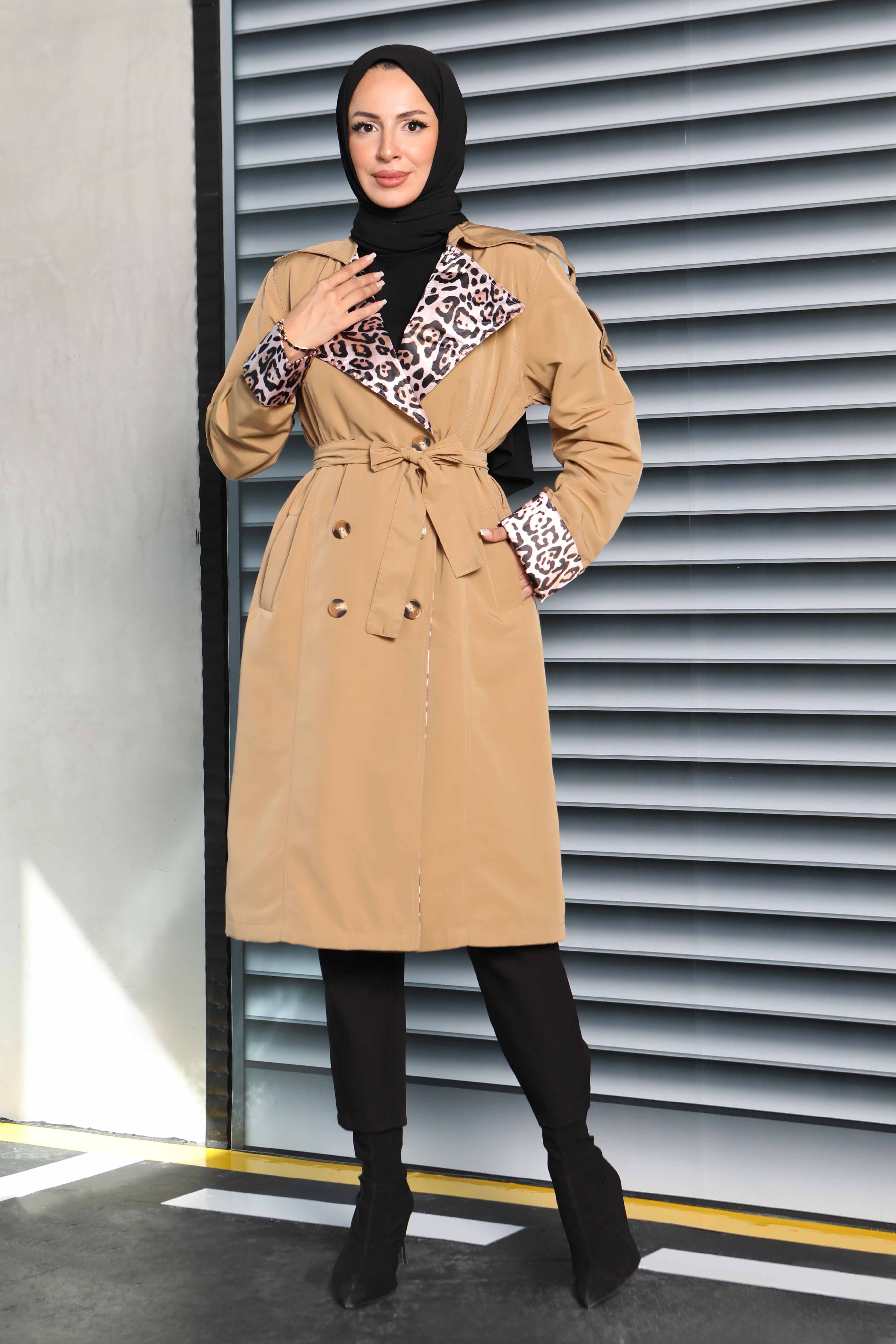Düğmeli Leopar Detaylı Trençkot - 27602 - 4