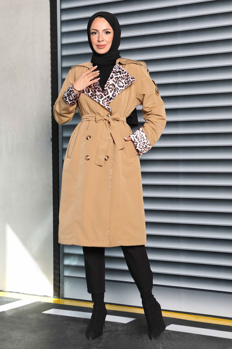 Düğmeli Leopar Detaylı Trençkot - 27602 - TOFİSA