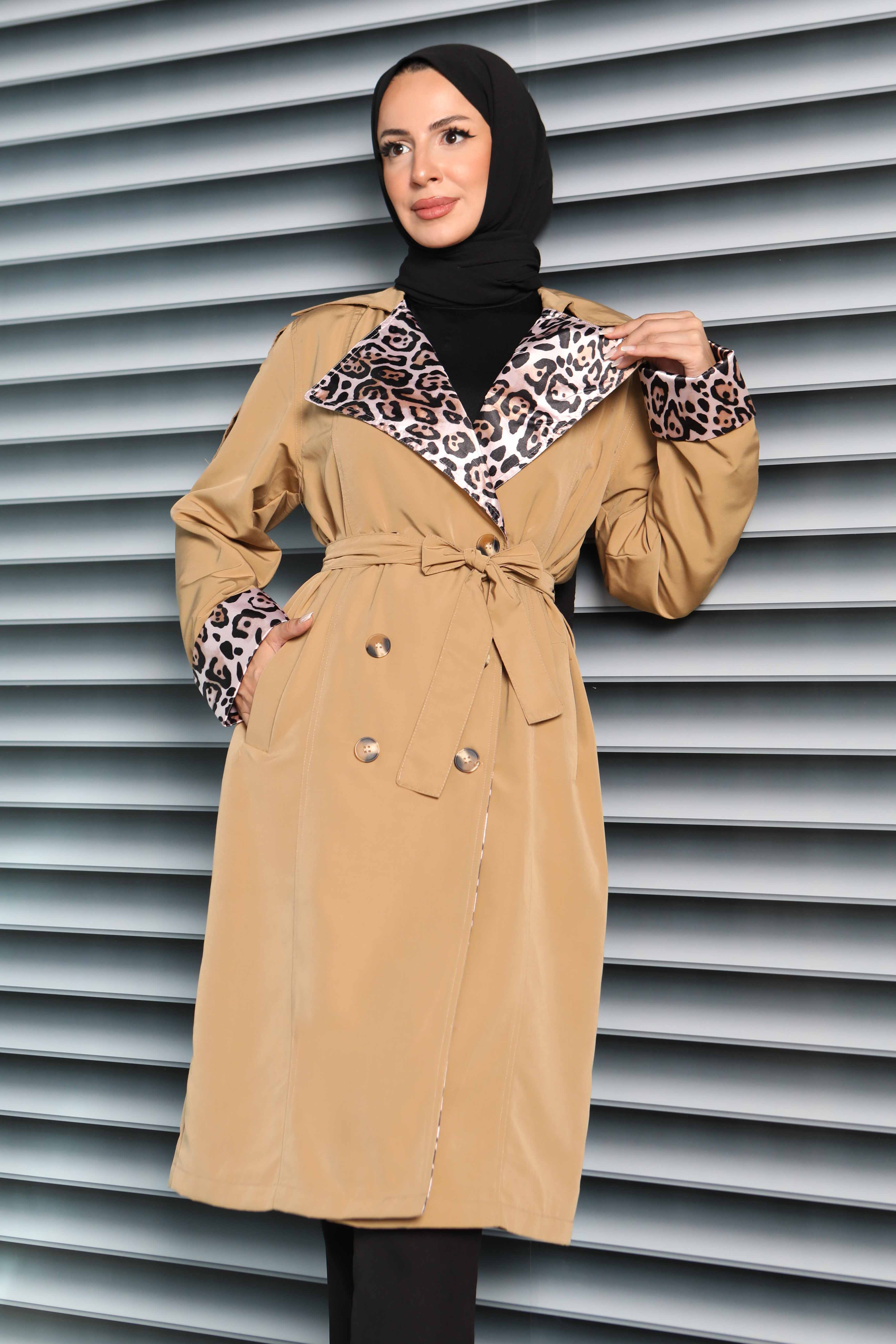 Düğmeli Leopar Detaylı Trençkot - 27602 - 5