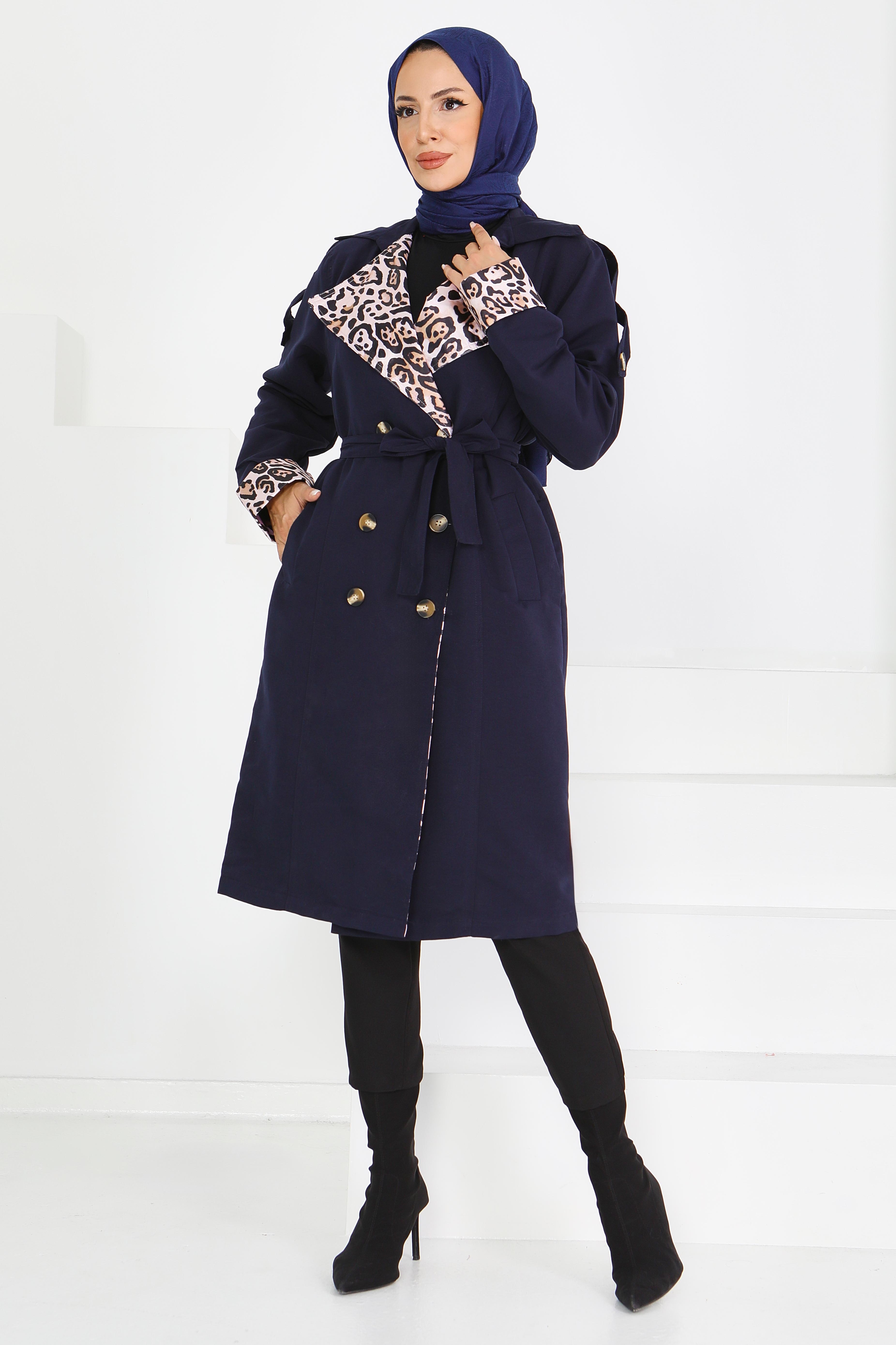 Düğmeli Leopar Detaylı Trençkot - 27602 - 1