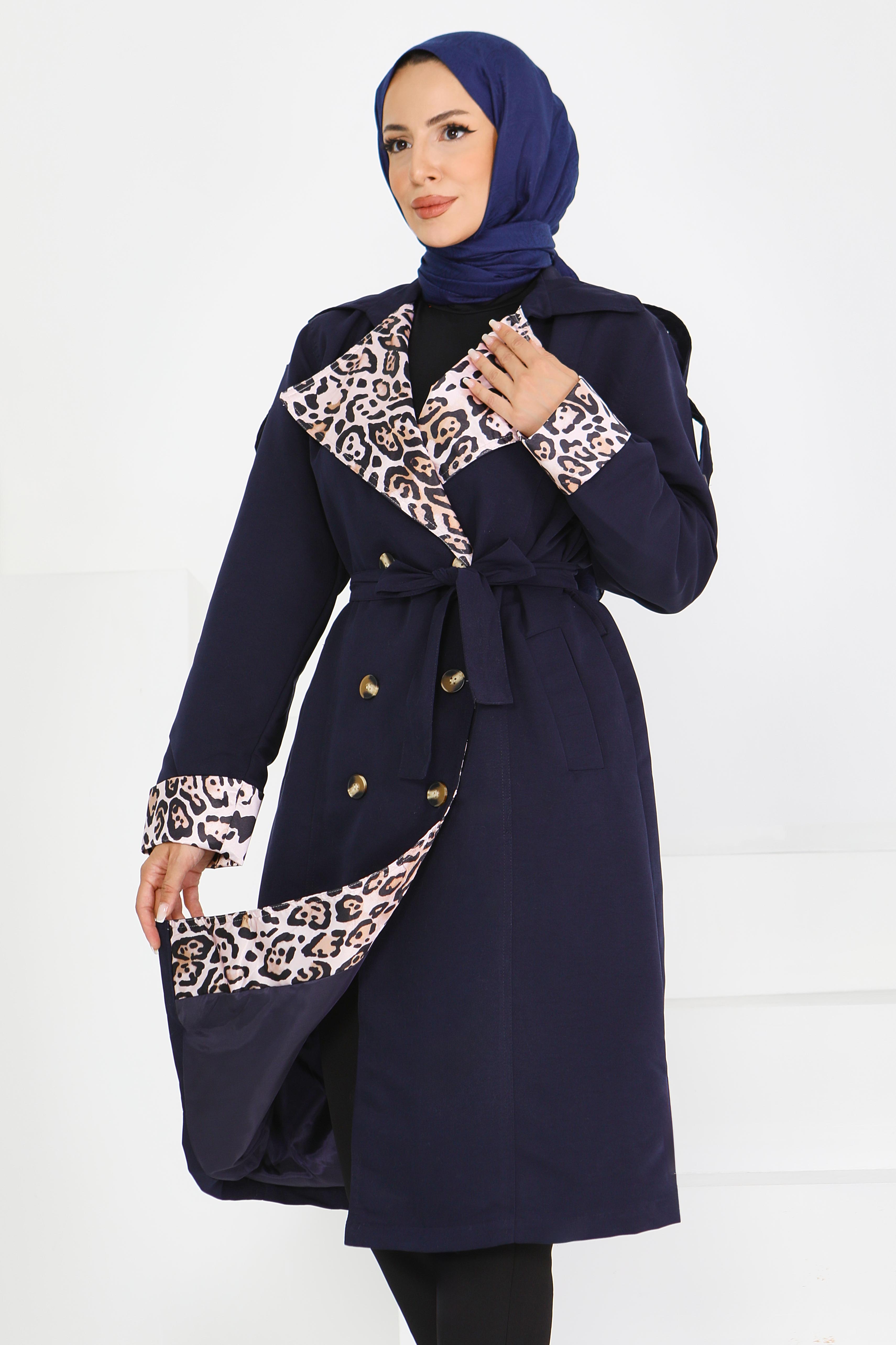 Düğmeli Leopar Detaylı Trençkot - 27602 - 2