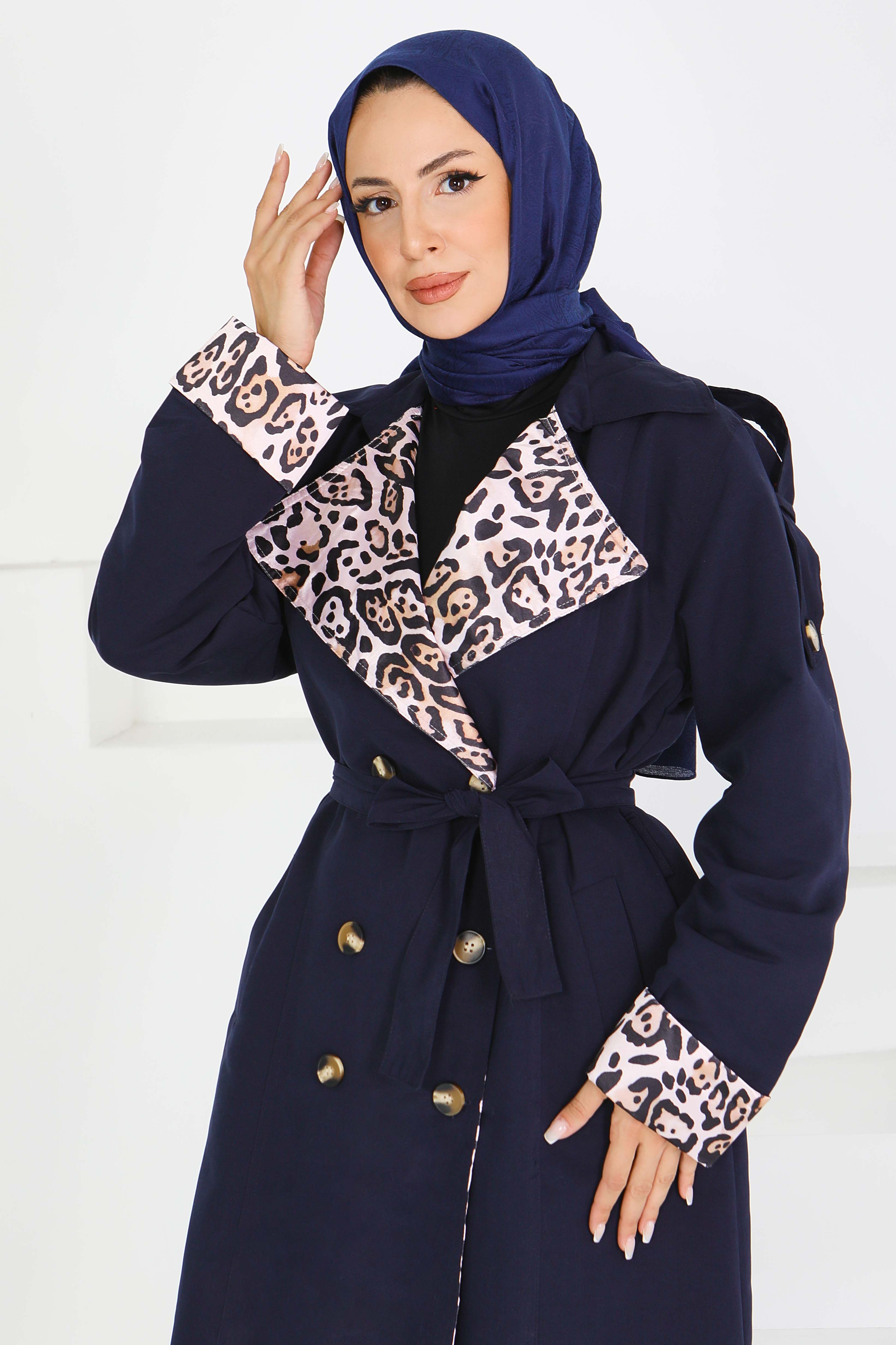Düğmeli Leopar Detaylı Trençkot - 27602 - 3
