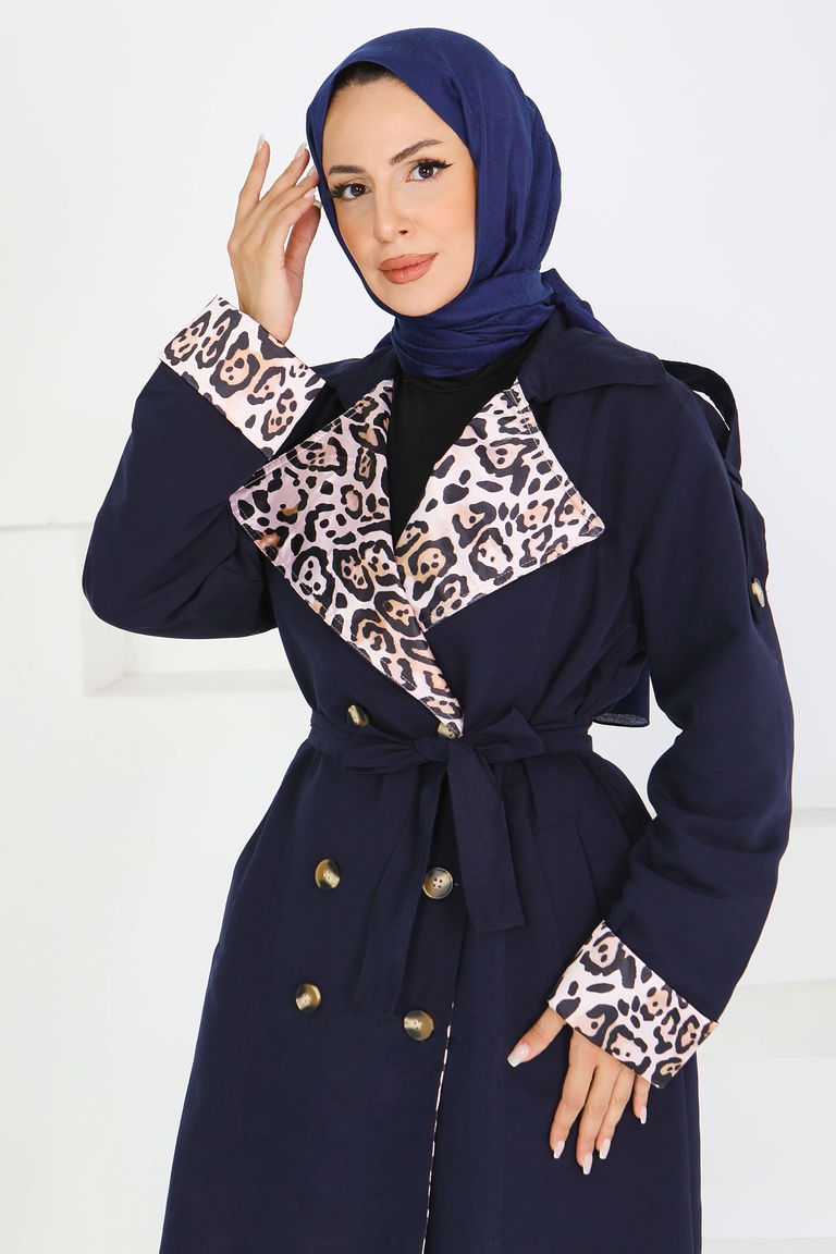 Düğmeli Leopar Detaylı Trençkot - 27602 - TOFİSA