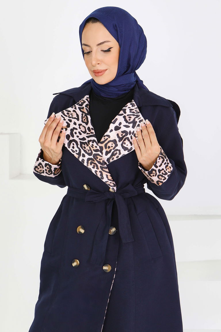 Düğmeli Leopar Detaylı Trençkot - 27602 - TOFİSA