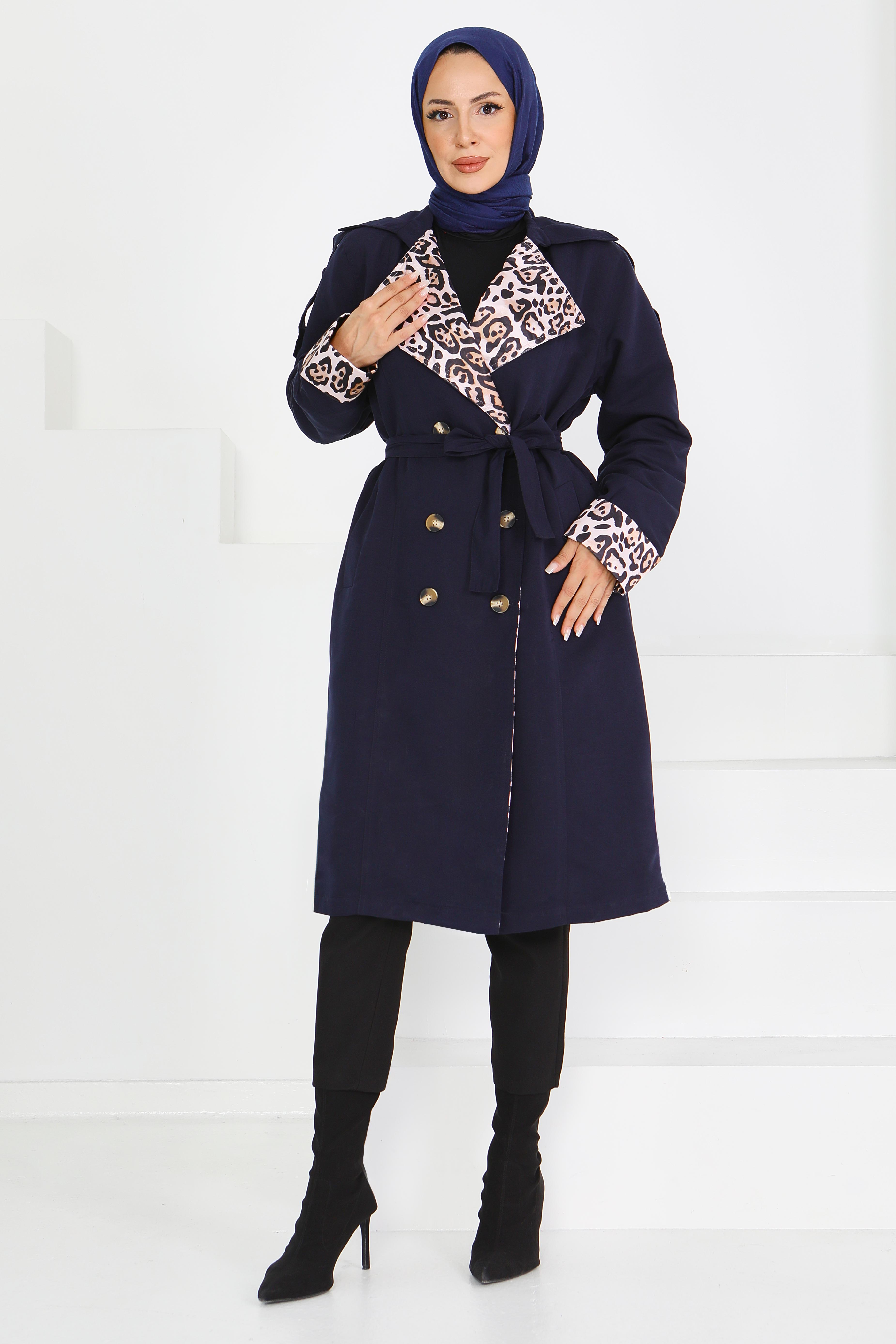 Düğmeli Leopar Detaylı Trençkot - 27602 - 5