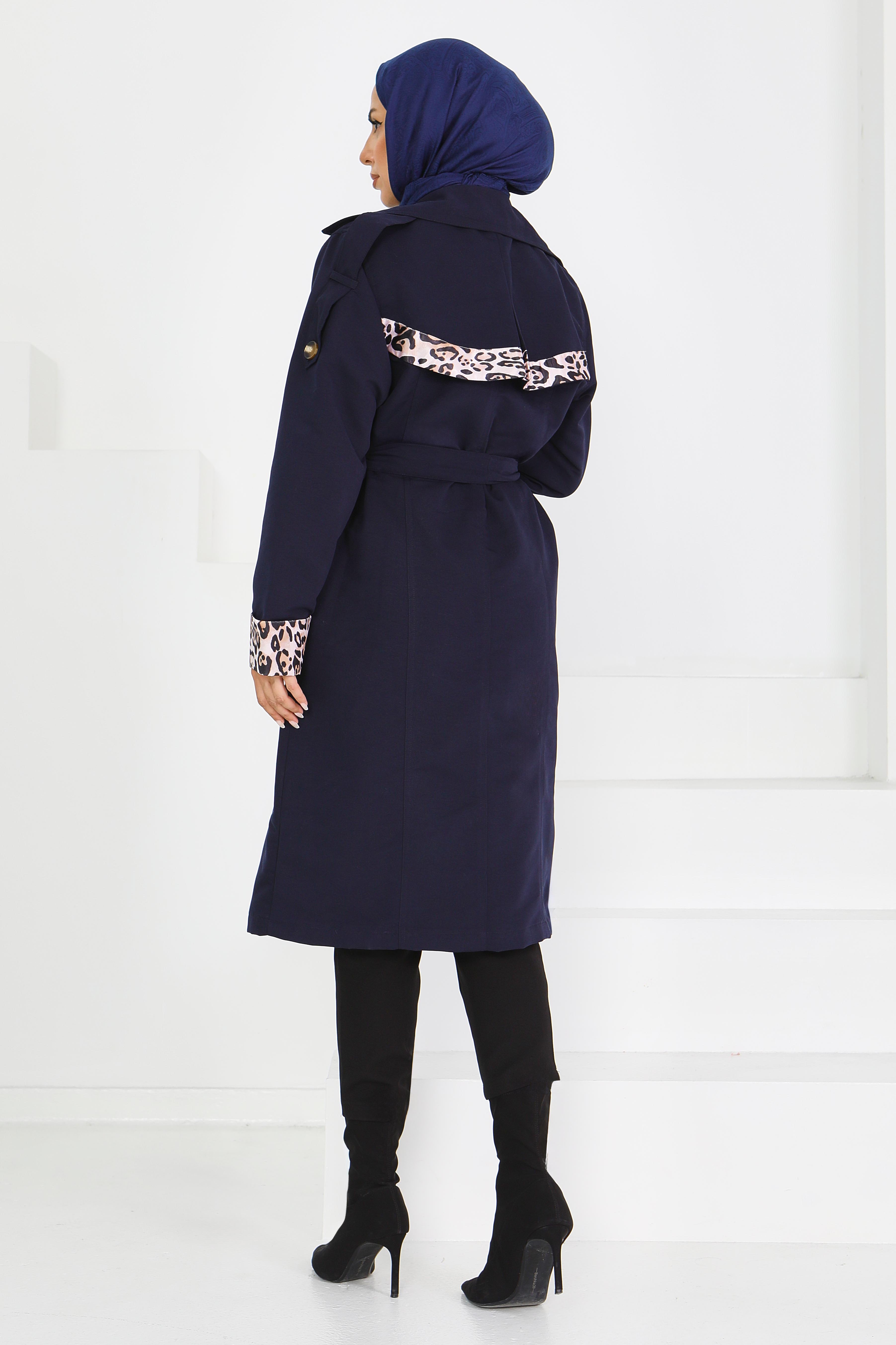 Düğmeli Leopar Detaylı Trençkot - 27602 - 6