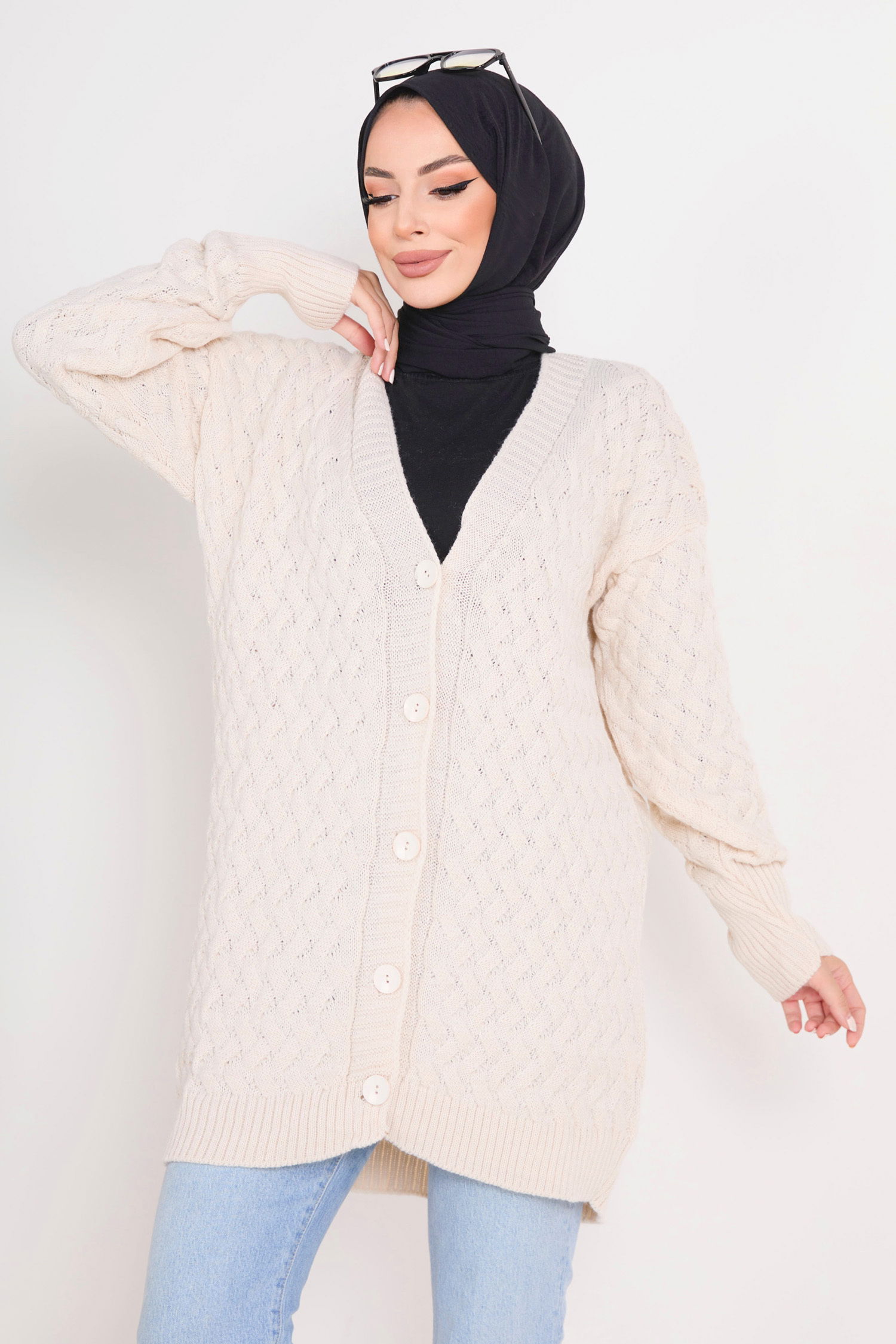 Düğmeli Örgülü Triko Hırka - 27664 - 2