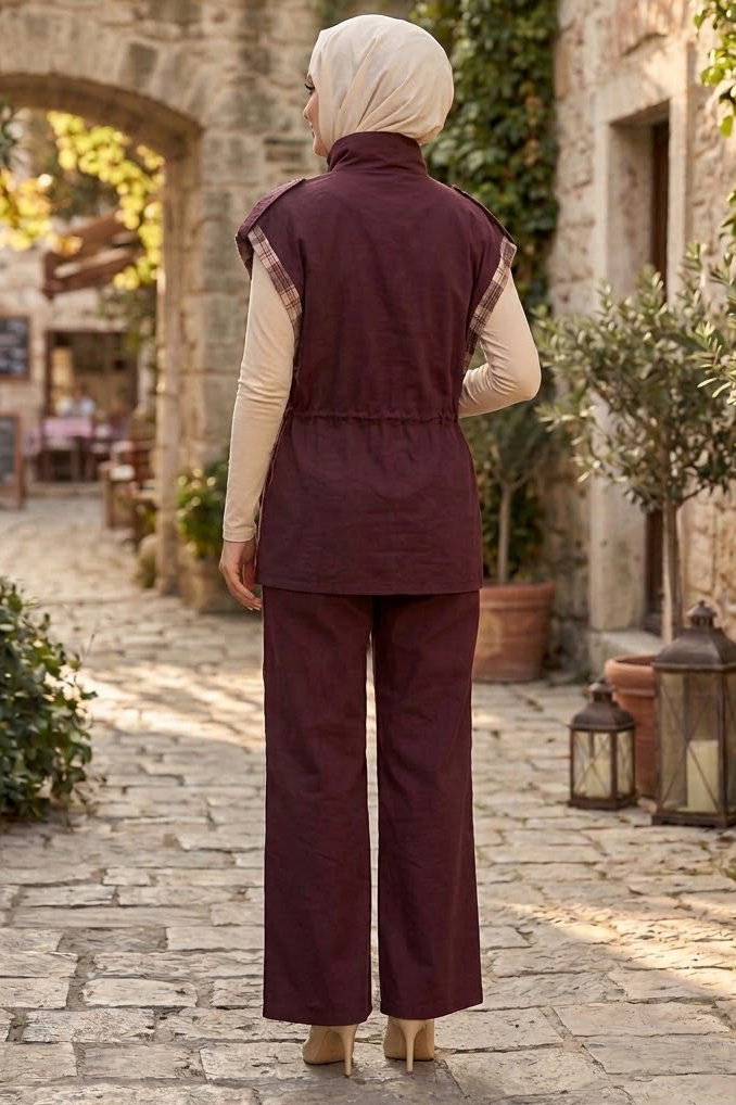 Düğmeli Oversize Paraşüt Takım Mürdüm - 29026-MURDUM - 3