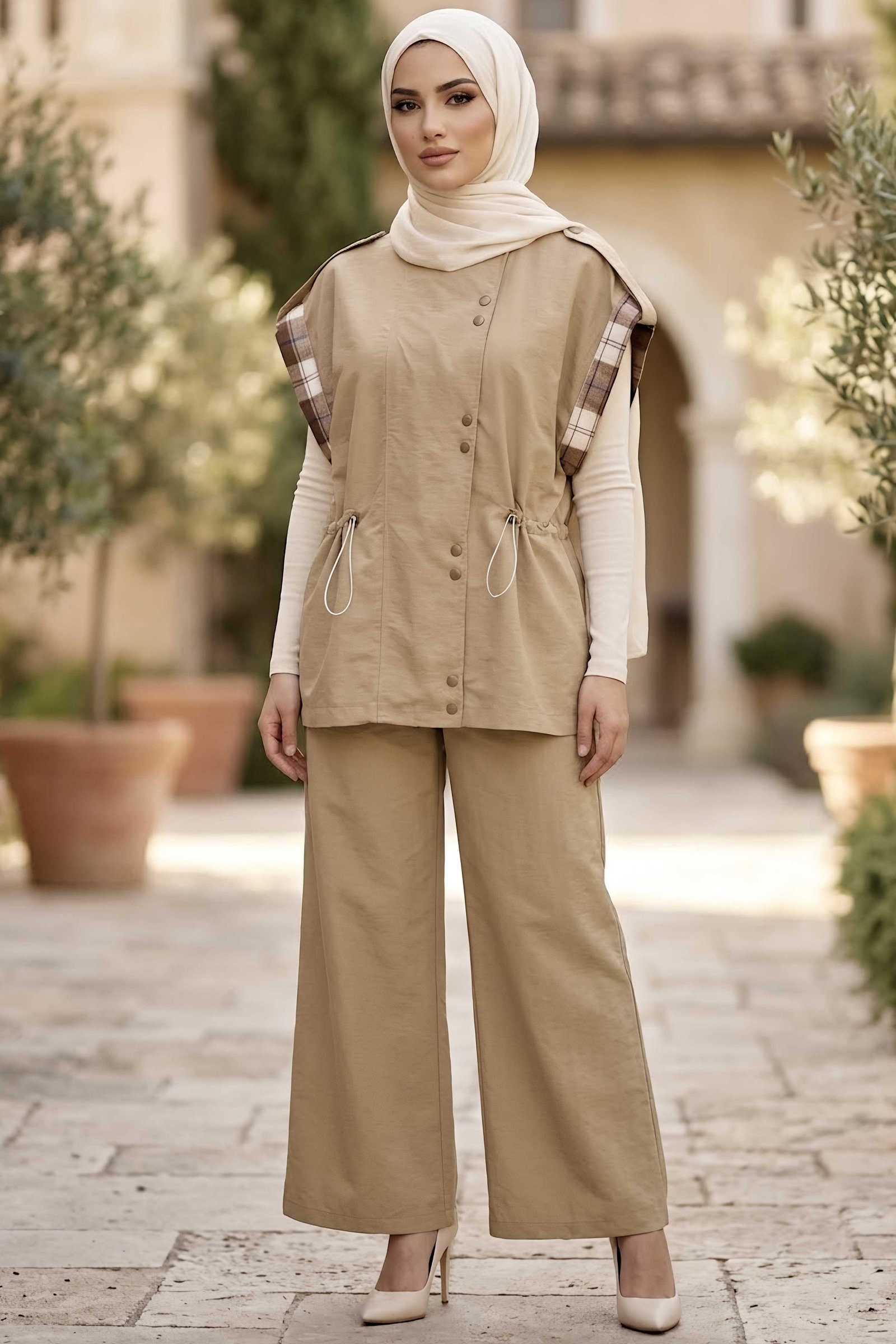 Düğmeli Oversize Paraşüt Takım Vizon - 29026-VIZON - 1