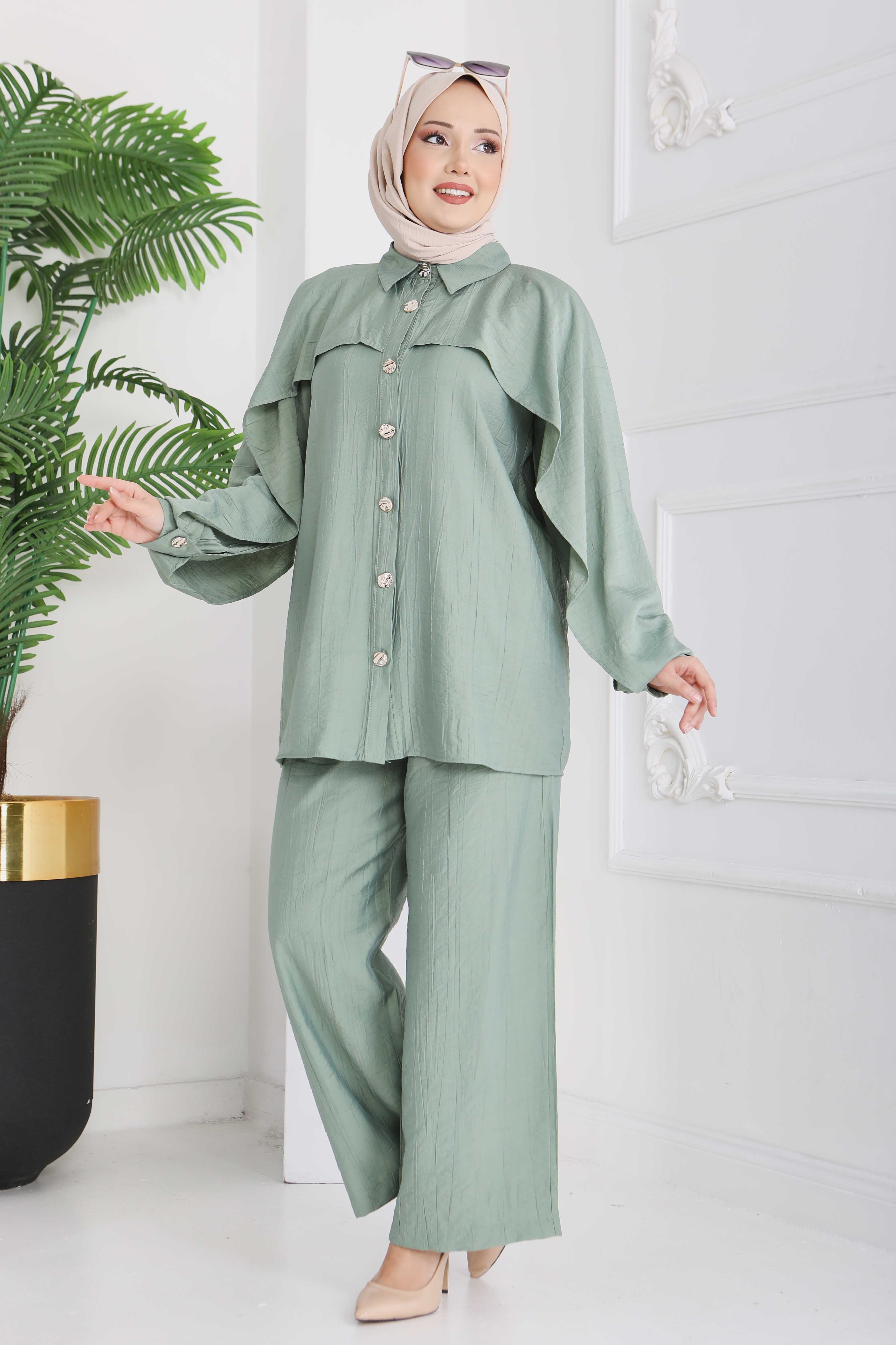 Düğmeli Pelerinli İkili Takım - 28216-CAGLA - 4