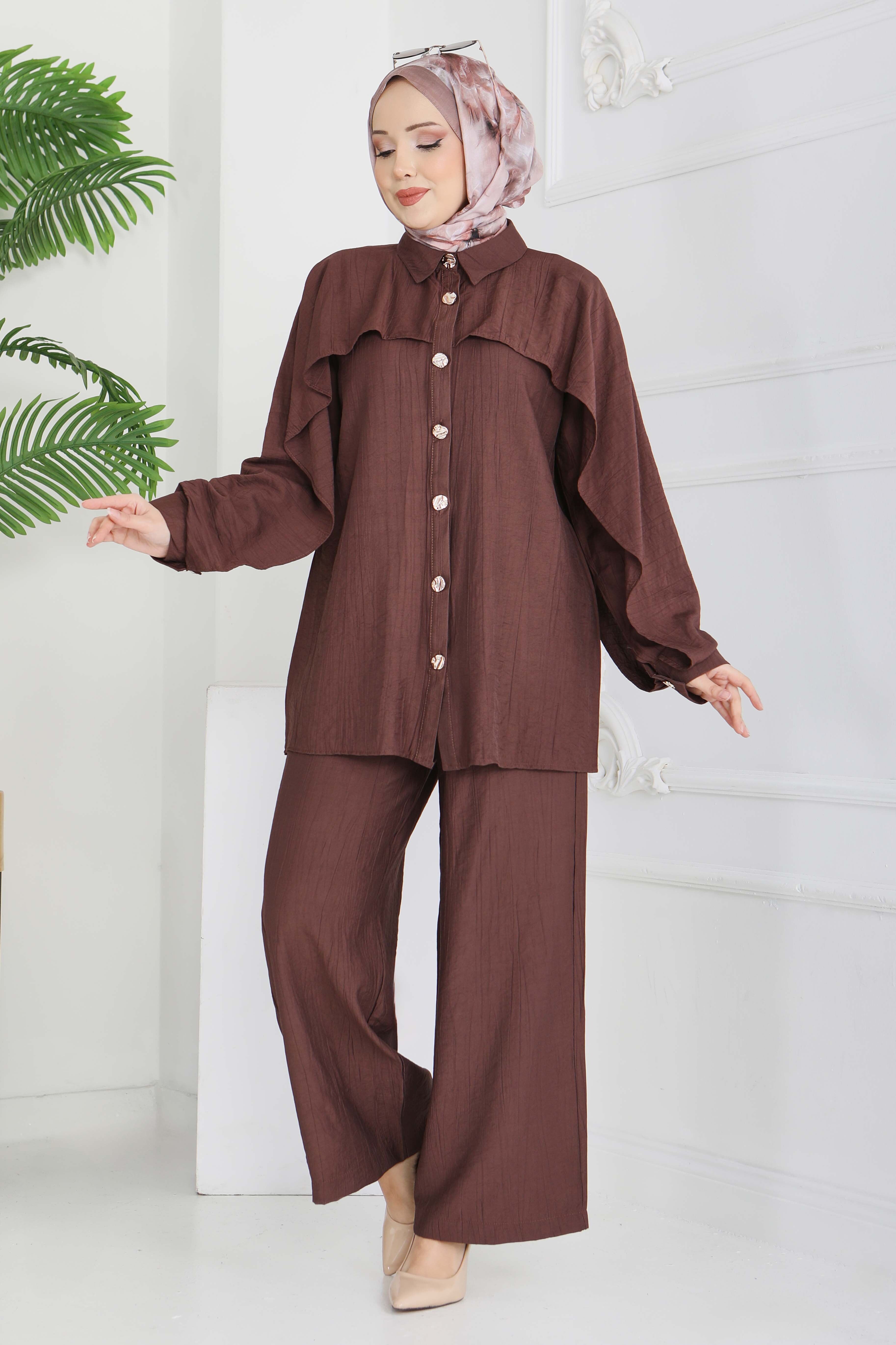 Düğmeli Pelerinli İkili Takım - 28216-KAHVE - 1