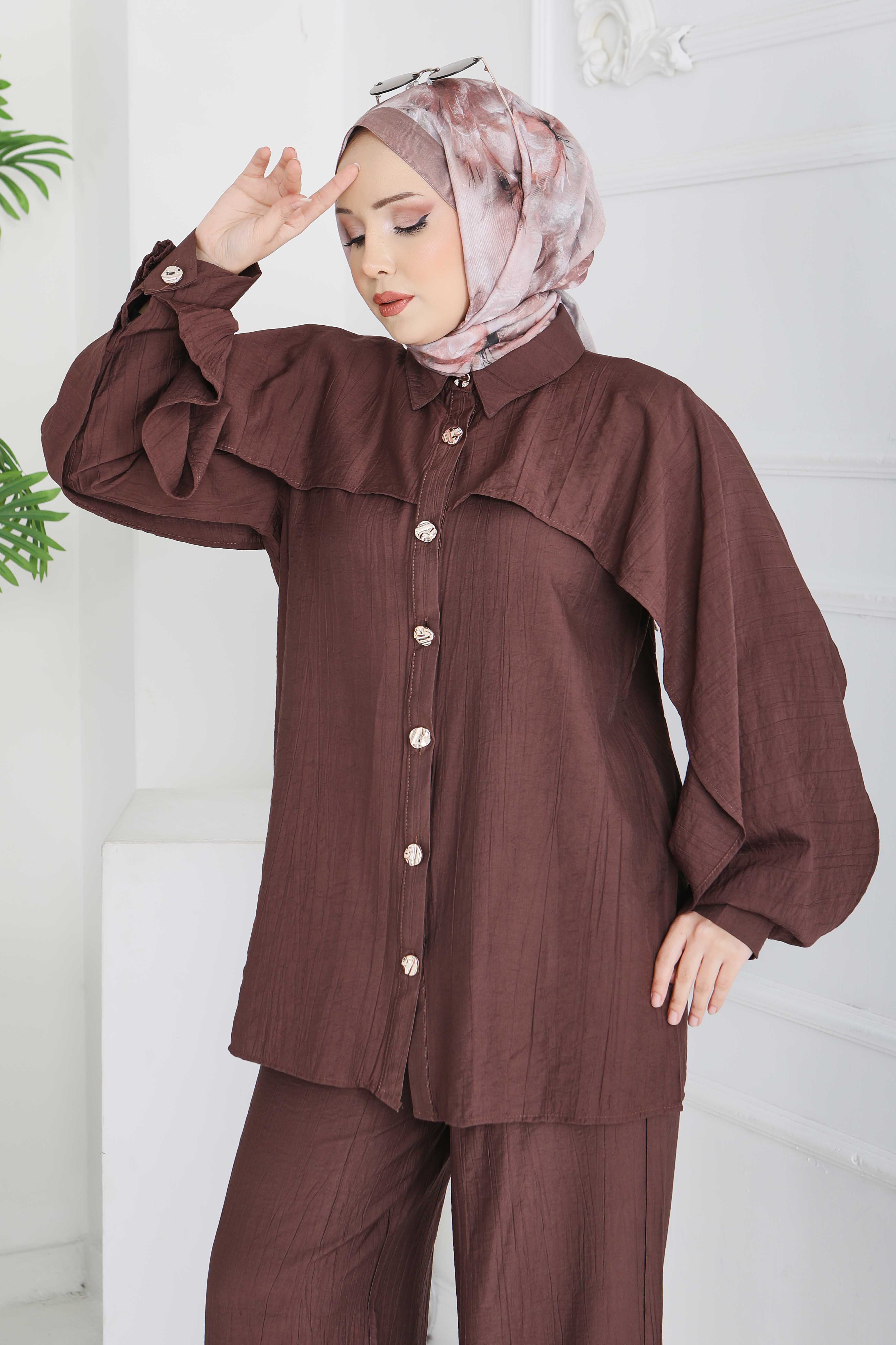 Düğmeli Pelerinli İkili Takım - 28216-KAHVE - 2