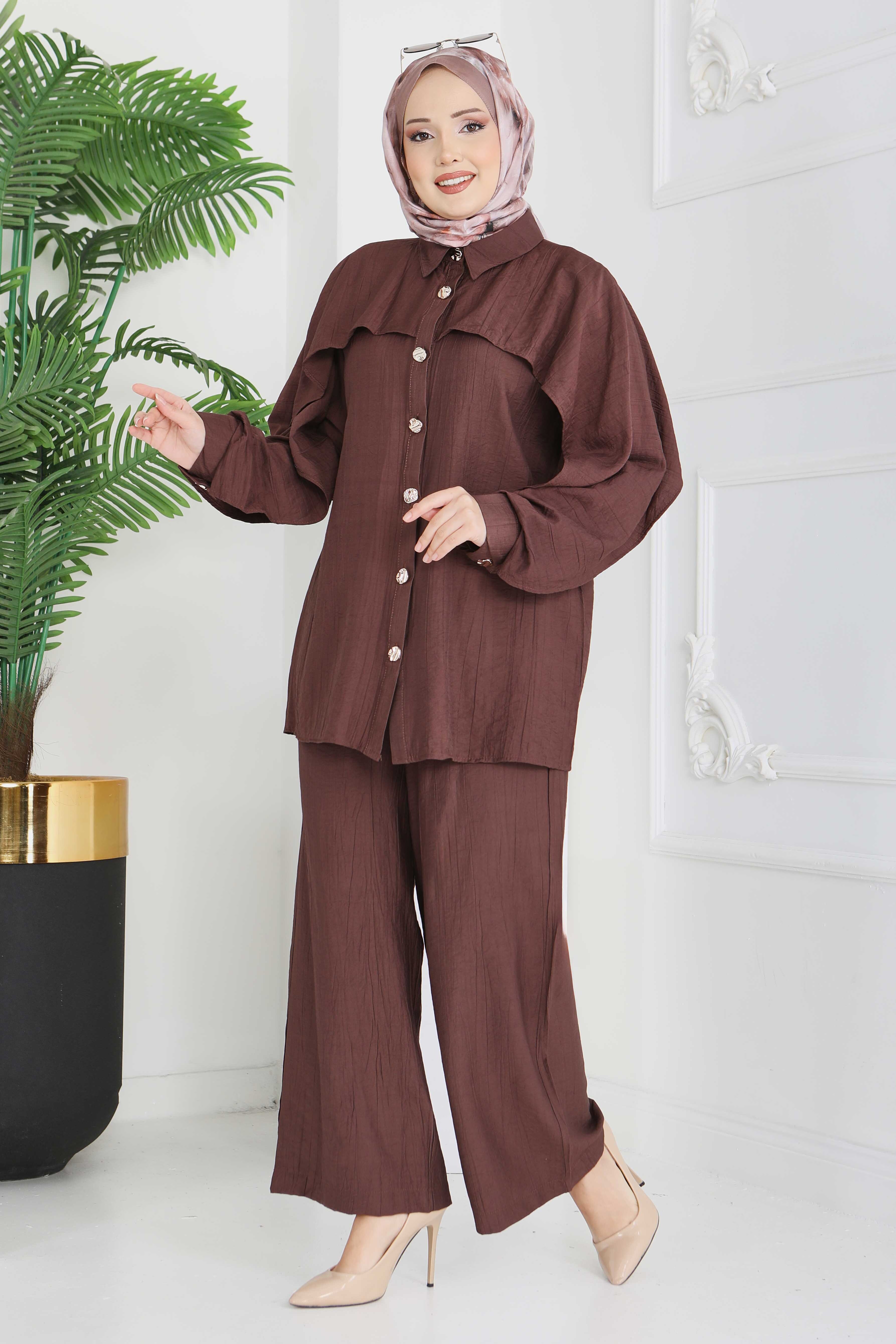 Düğmeli Pelerinli İkili Takım - 28216-KAHVE - 3