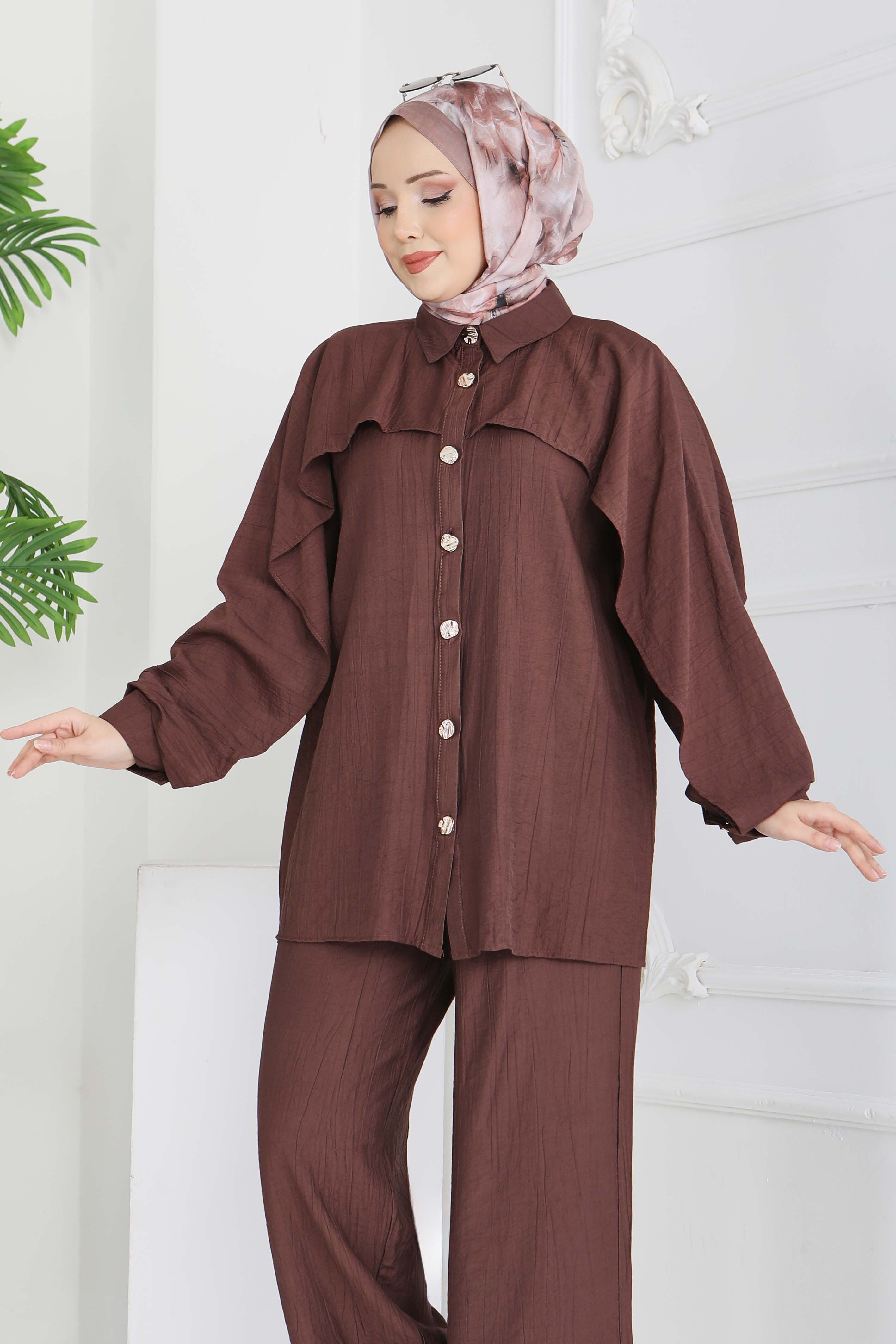 Düğmeli Pelerinli İkili Takım - 28216-KAHVE - 5