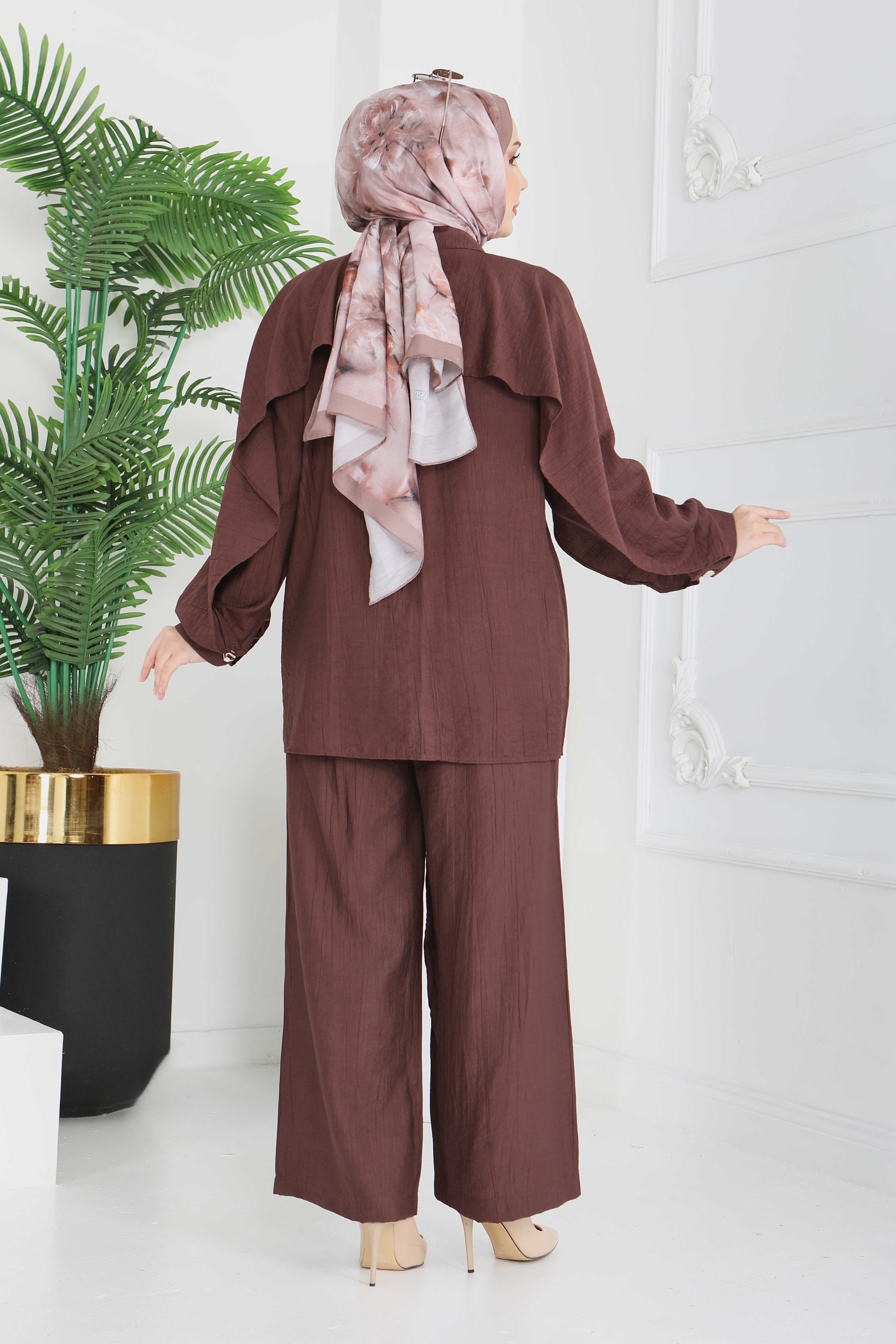 Düğmeli Pelerinli İkili Takım - 28216-KAHVE - 6