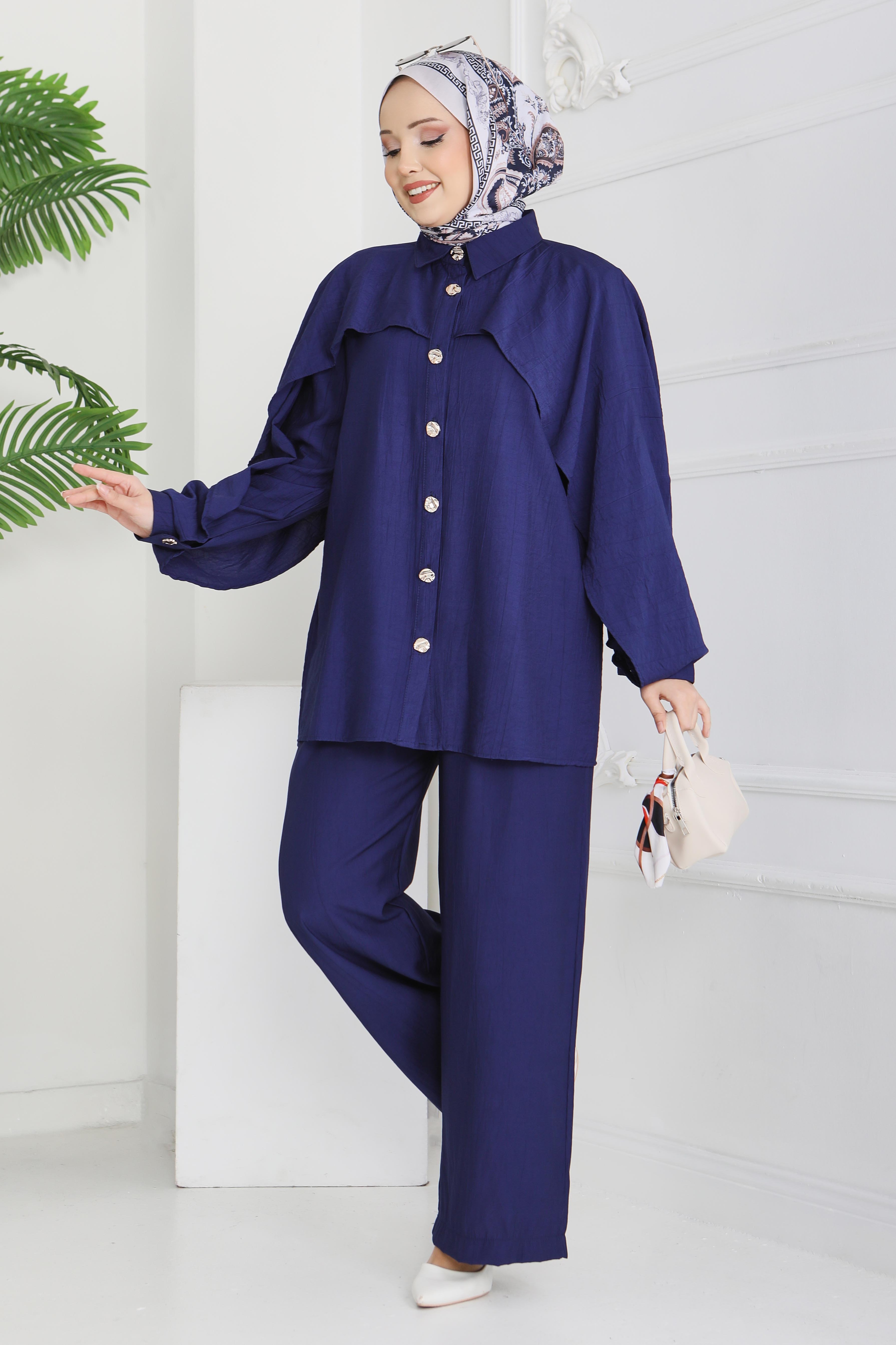 Düğmeli Pelerinli İkili Takım - 28216-LACIVERT - 1