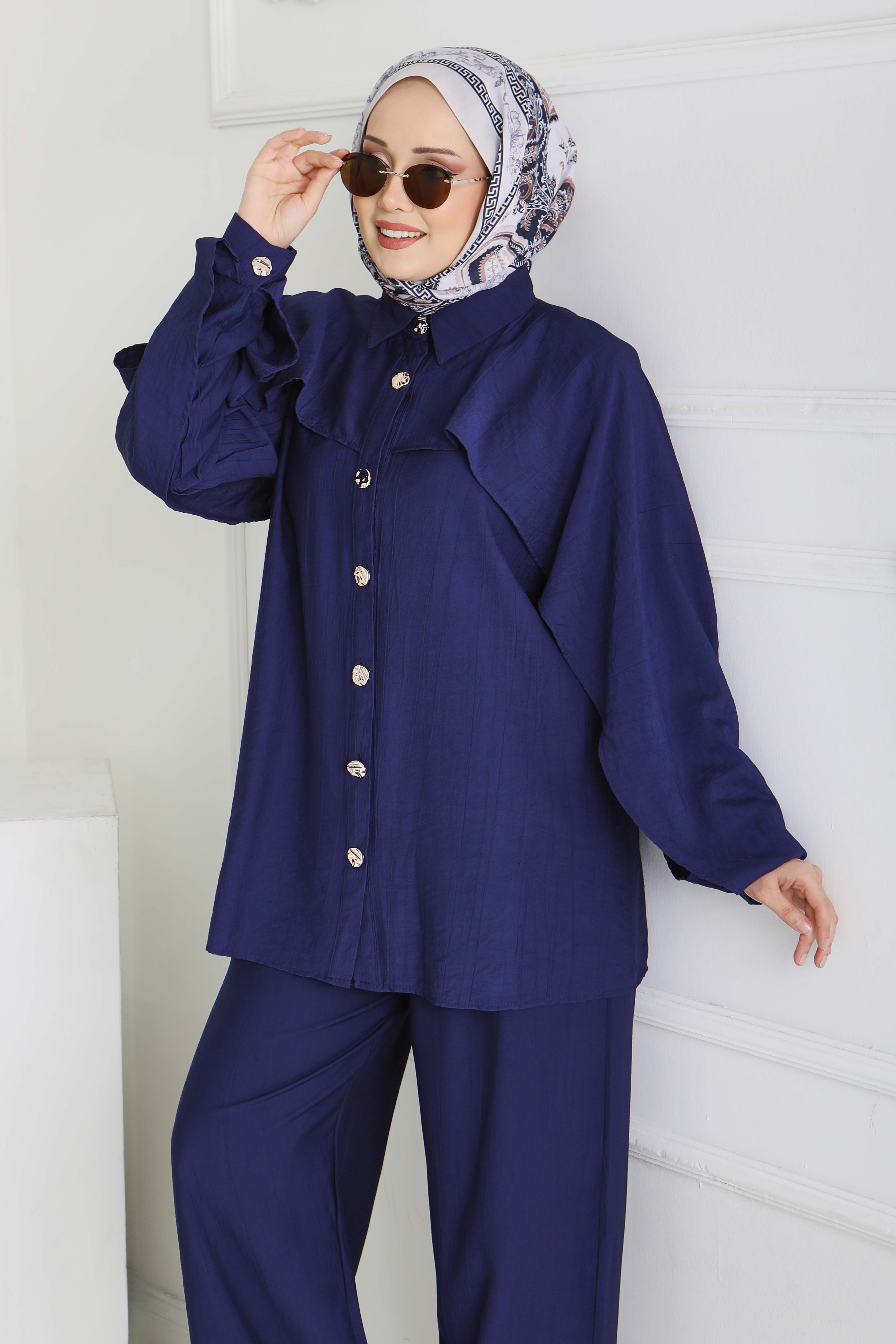 Düğmeli Pelerinli İkili Takım - 28216-LACIVERT - 2